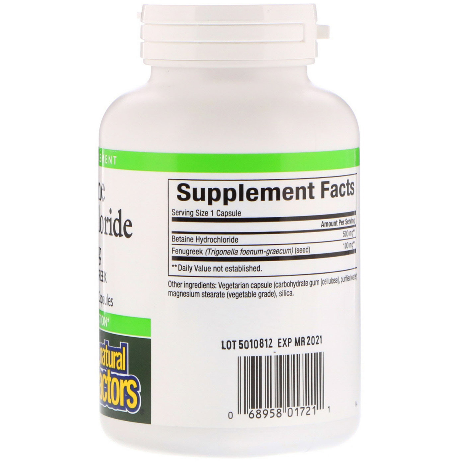 Natural Factors, Cloridrato de Betaína, com Feno-grego, 500 mg, 180 Cápsulas Vegetais - Imagem 2