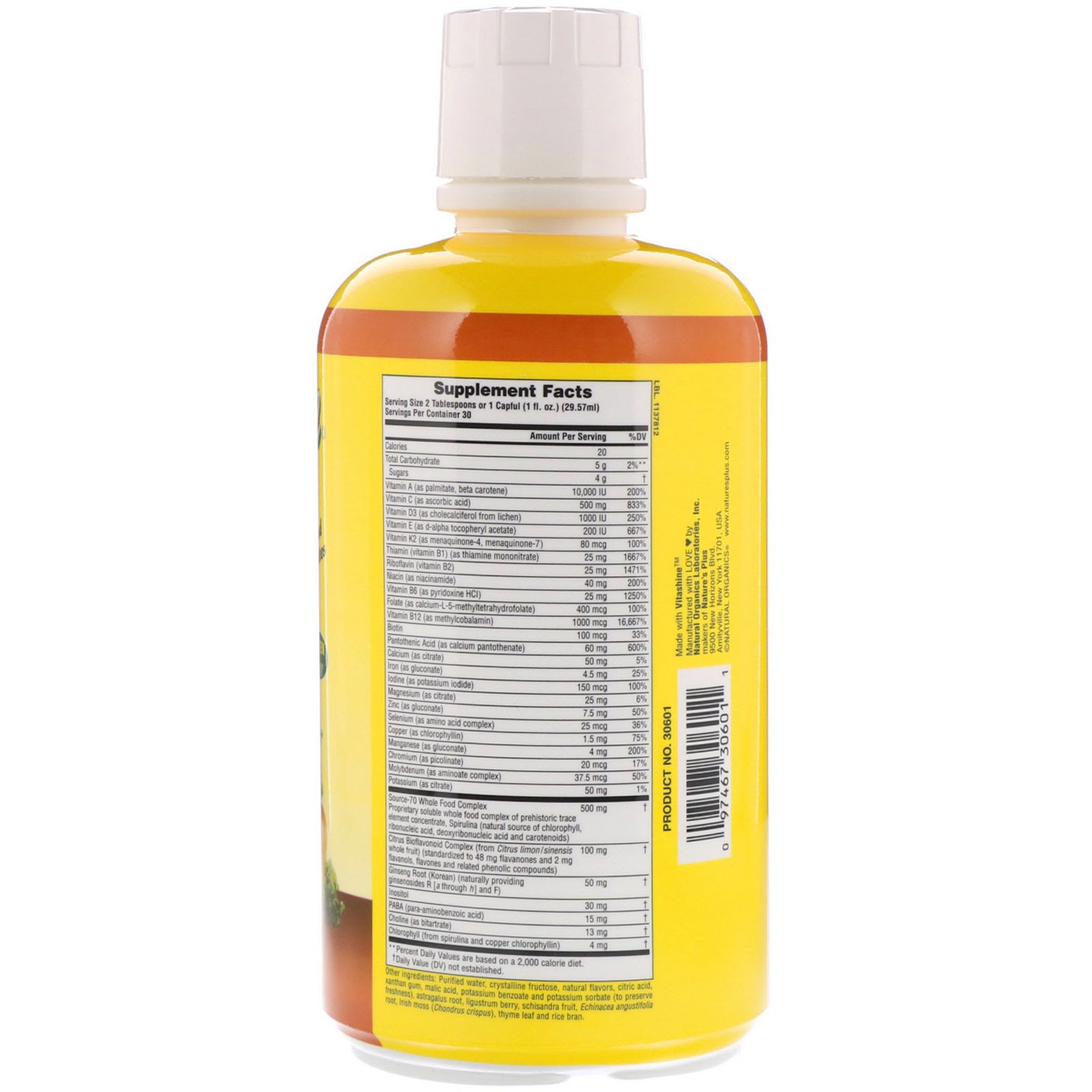 Nature's Plus, Source of Life, Suplemento Líquido de Multivitaminas e Minerais com Concentrados de Alimentos Integrais, Sabor de Frutas Tropicais, 887,10 ml (30 fl oz) - Imagem 2