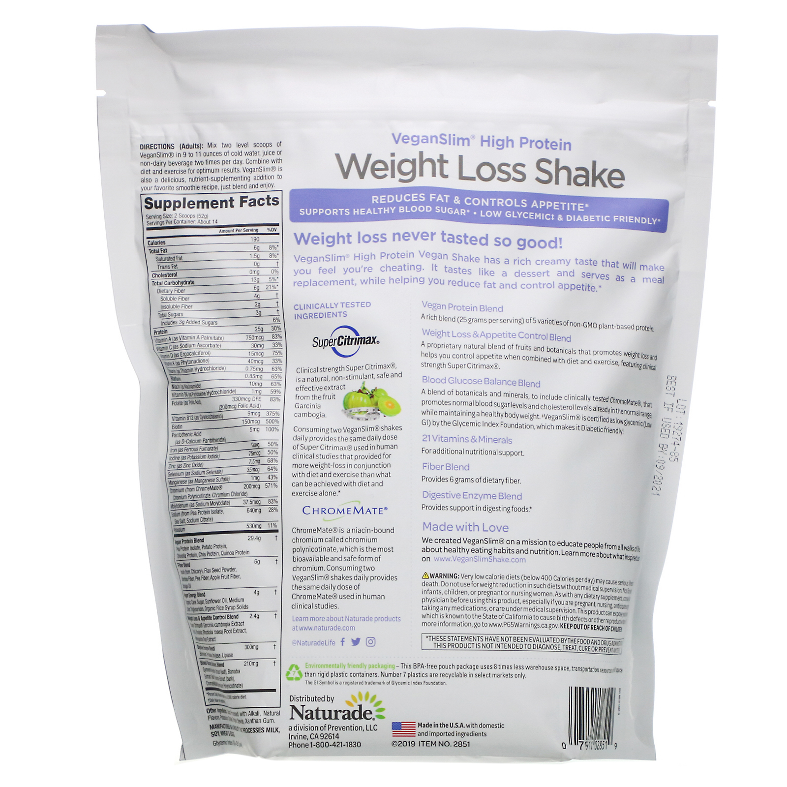 VeganSmart, Vegan Slim, High Protein Weight Loss Shake, Chocolate Fudge, 1.6 lb (728 g) - Imagem 2