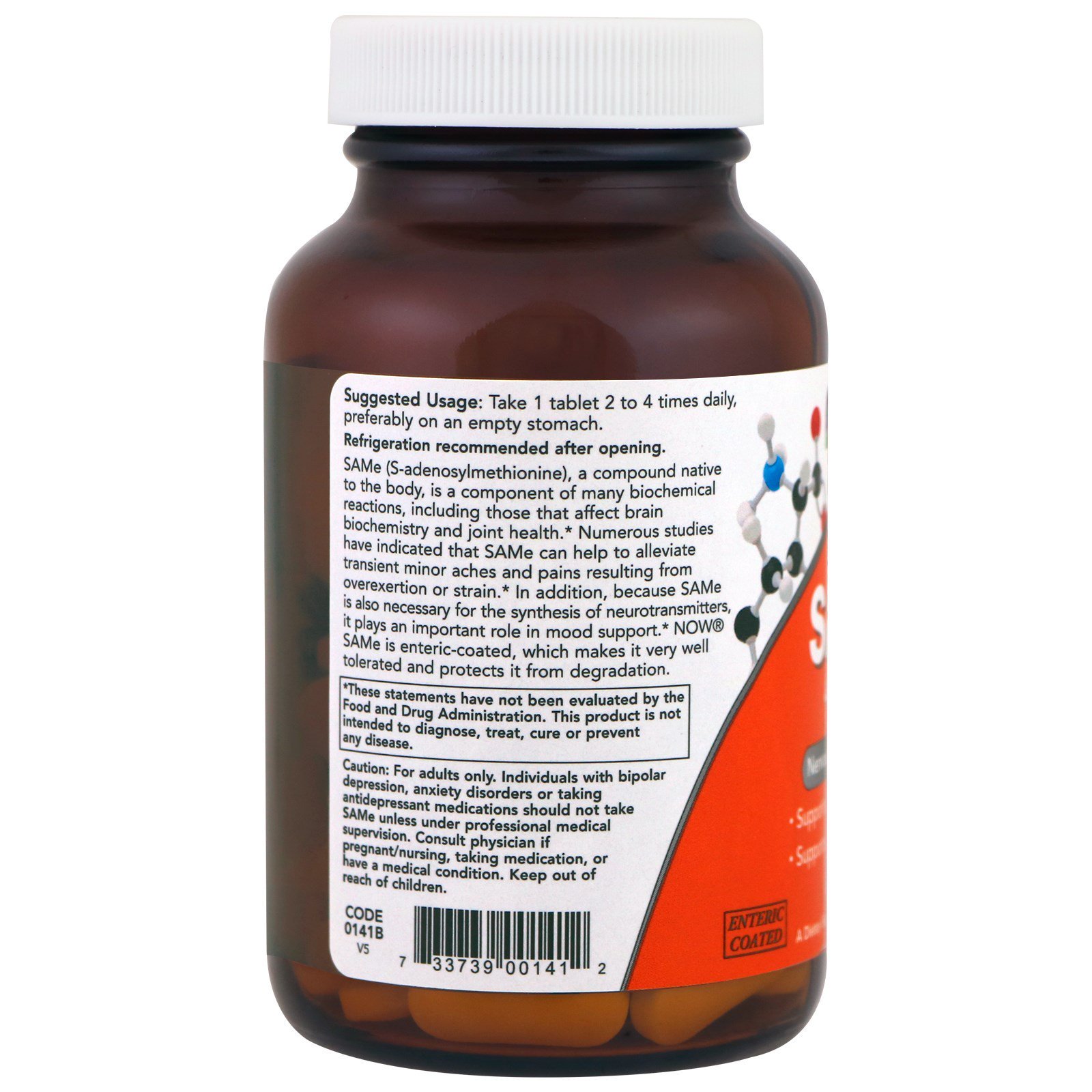 Now Foods, SAMe, 400 mg, 60 Tabletes - Imagem 3