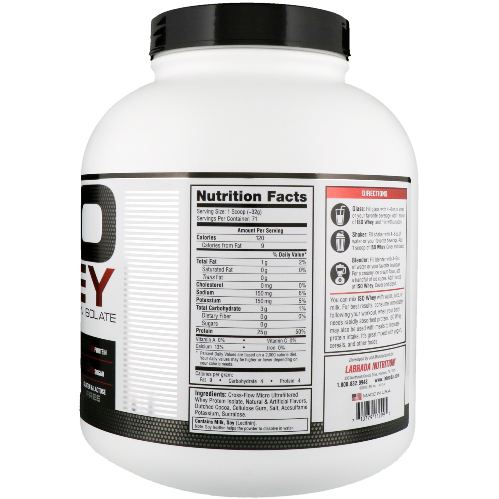 Labrada Nutrition, ISO Whey, Isolado de Proteína Whey 100%, Chocolate, 2268 g (5 lb) - Imagem 2