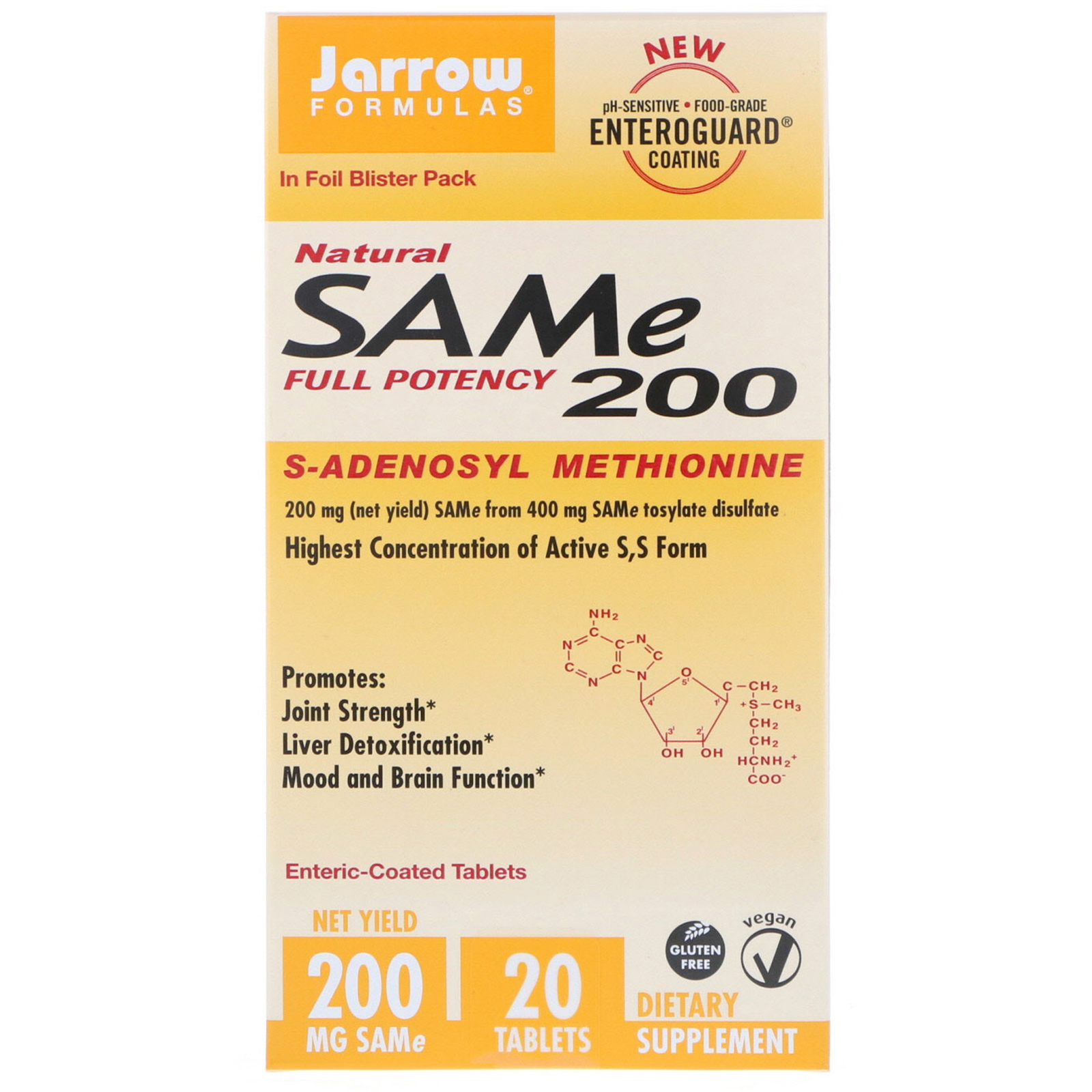 Jarrow Formulas, SAM-e (S-adenosil-L-metionina) 200, 200 mg, 20 tabletes com revestimento entérico