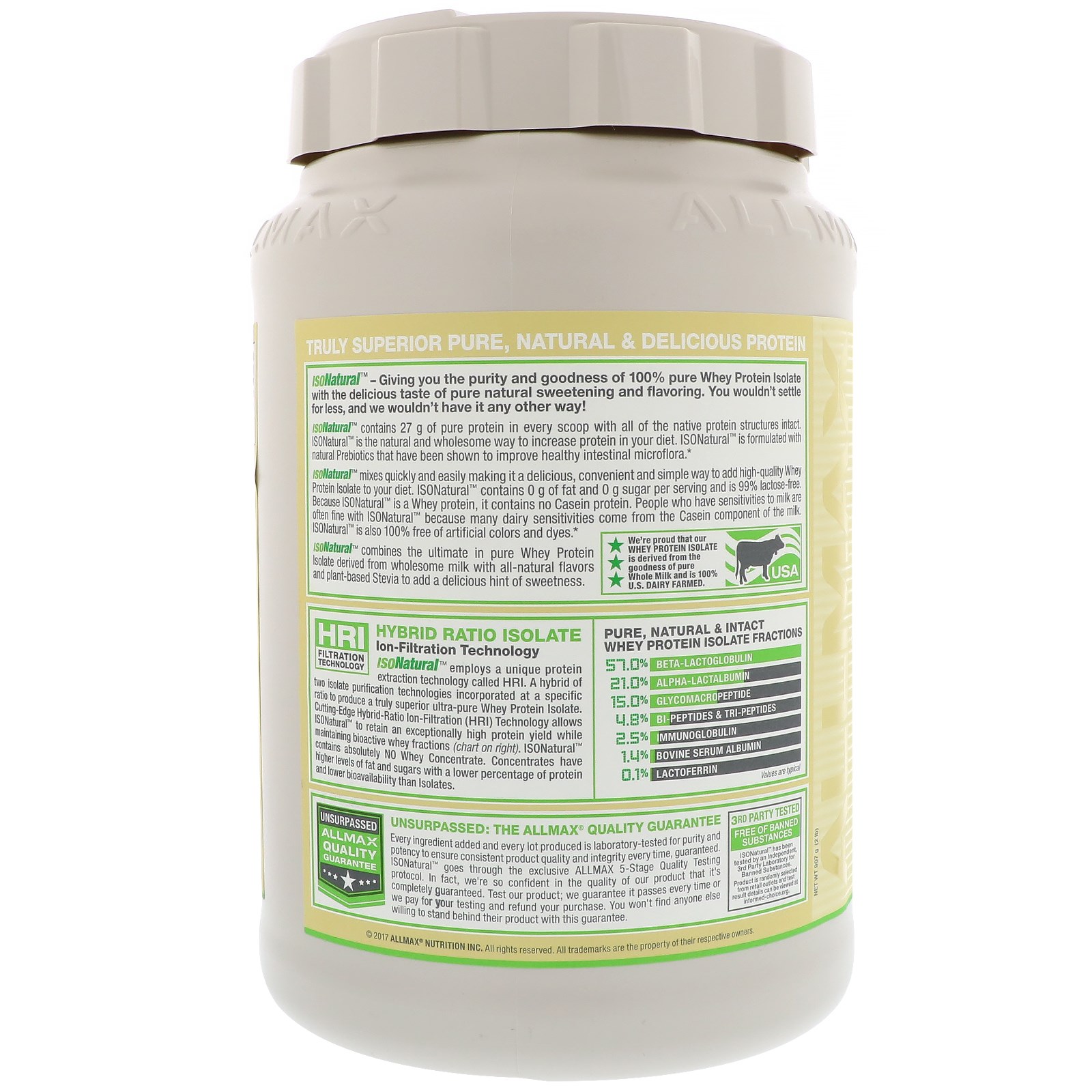 ALLMAX Nutrition, IsoNatural, Isolato 100% Ultrapuro de Proteína Whey Natural, Chocolate, 2 lbs (907 g) - Imagem 3