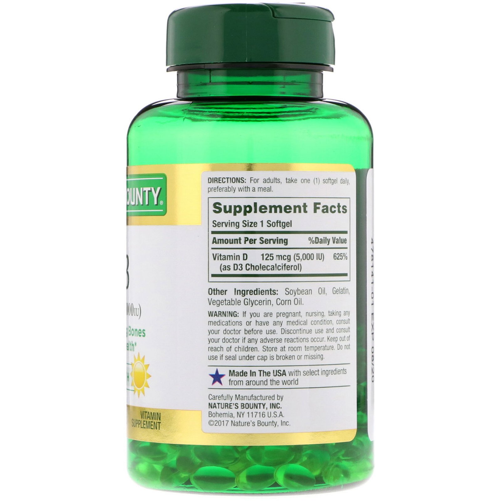 Nature's Bounty, D3, 125 mcg (5.000 UI), 240 Cápsulas Softgel de Liberação Rápida - Imagem 2