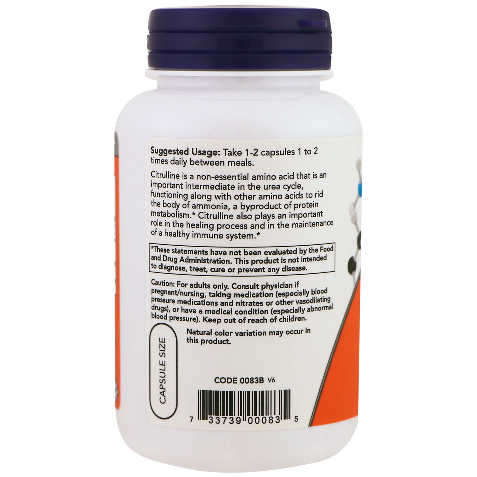 Now Foods, L-Citrulina, 750 mg, 90 Cápsulas Vegetais - Imagem 3
