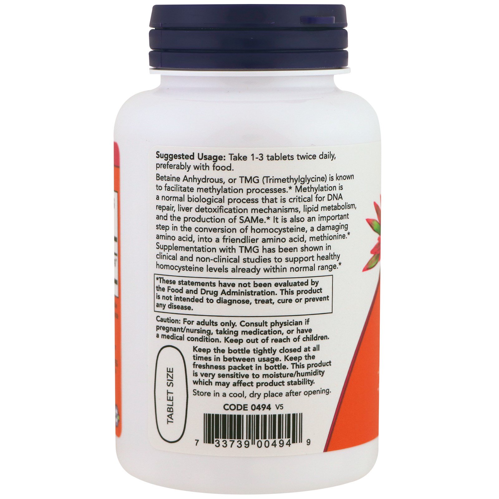 Now Foods, TMG, 1.000 mg, 100 Comprimidos - Imagem 3