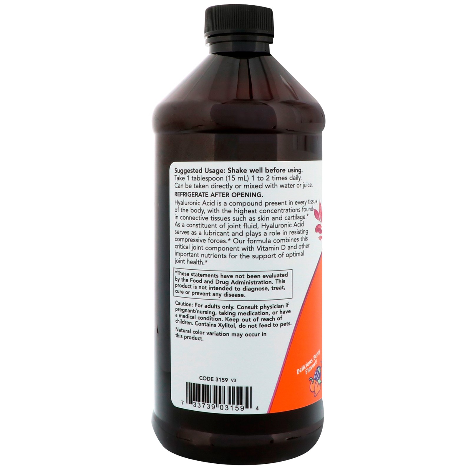 Now Foods, Liquid Hyaluronic Acid, Sabor de Baga, 100 mg, 473 ml (16 fl oz) - Imagem 3