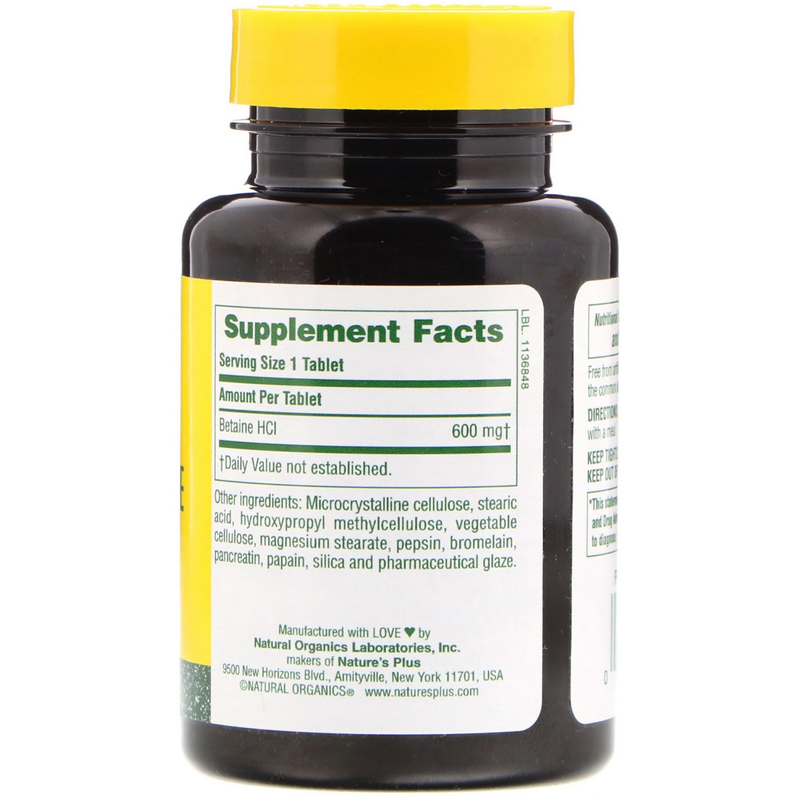 Nature's Plus, Betaína Hidrocloreto, 600 mg, 90 Comprimidos - Imagem 2