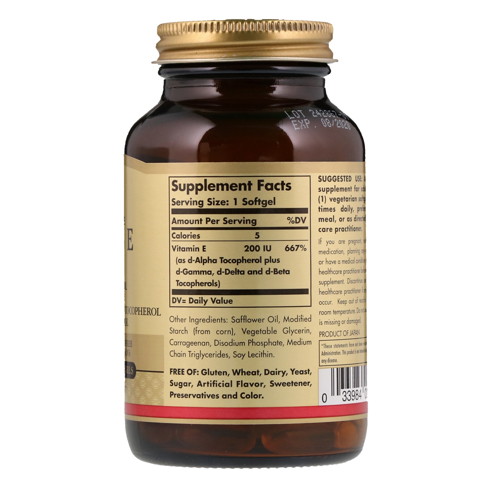 Solgar, Naturally Sourced Vitamin E, 200 IU, 100 Vegetarian Softgels - Imagem 2