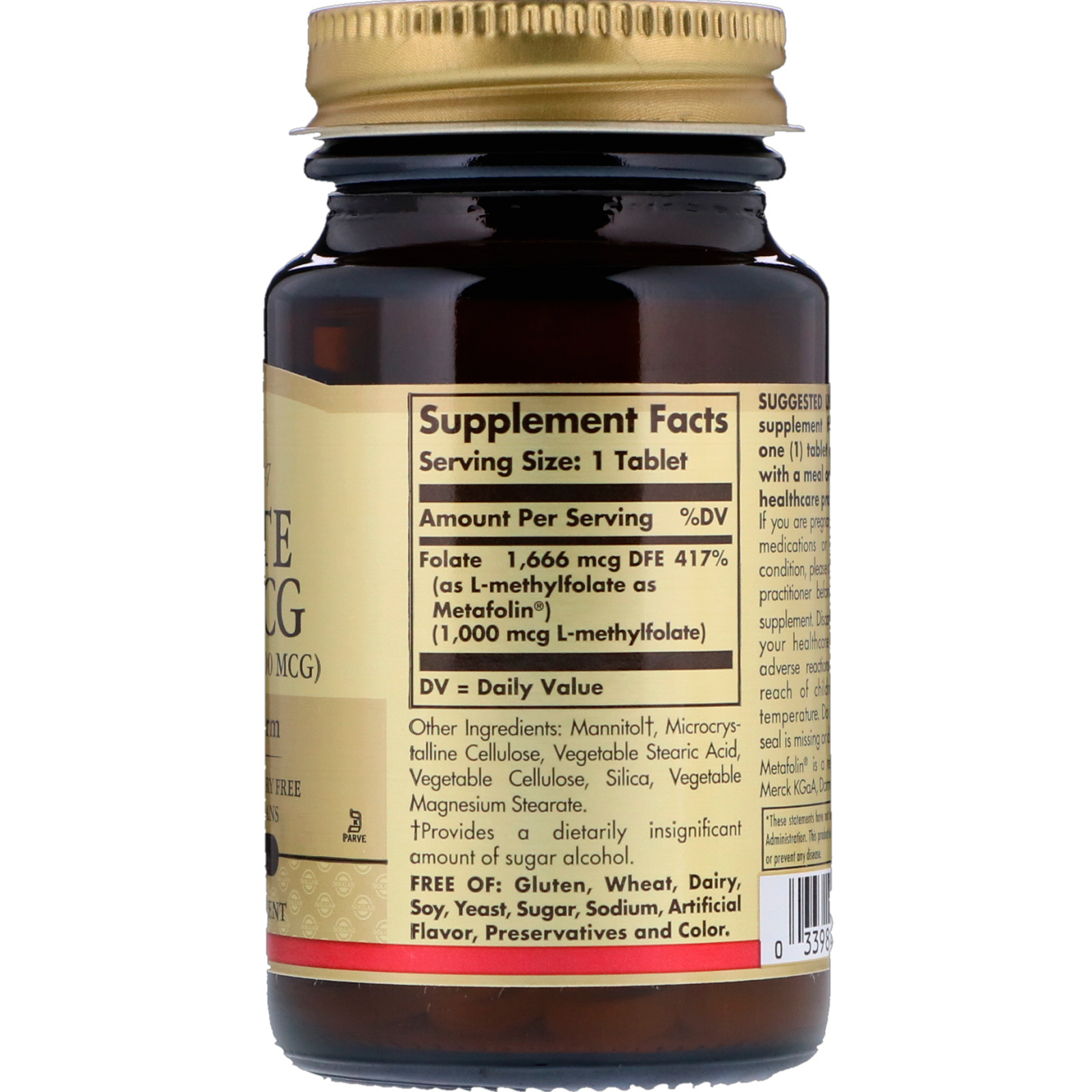 Solgar, Folato como Metafolina, 1.000 mcg, 60 Comprimidos - Imagem 2