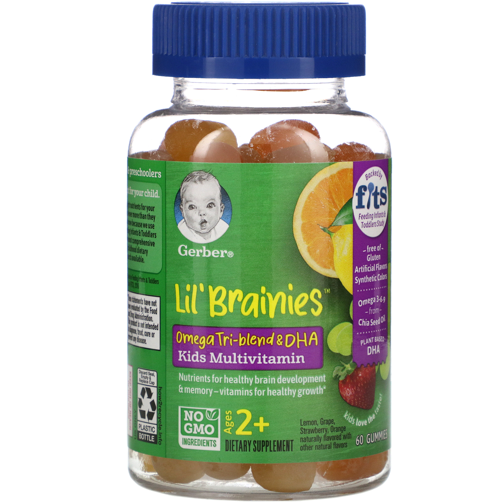 Gerber, Lil Brainies, Omega Tri-Blend & DHA, Kids Multivitamin, Ages 2+, 60 Gummies
