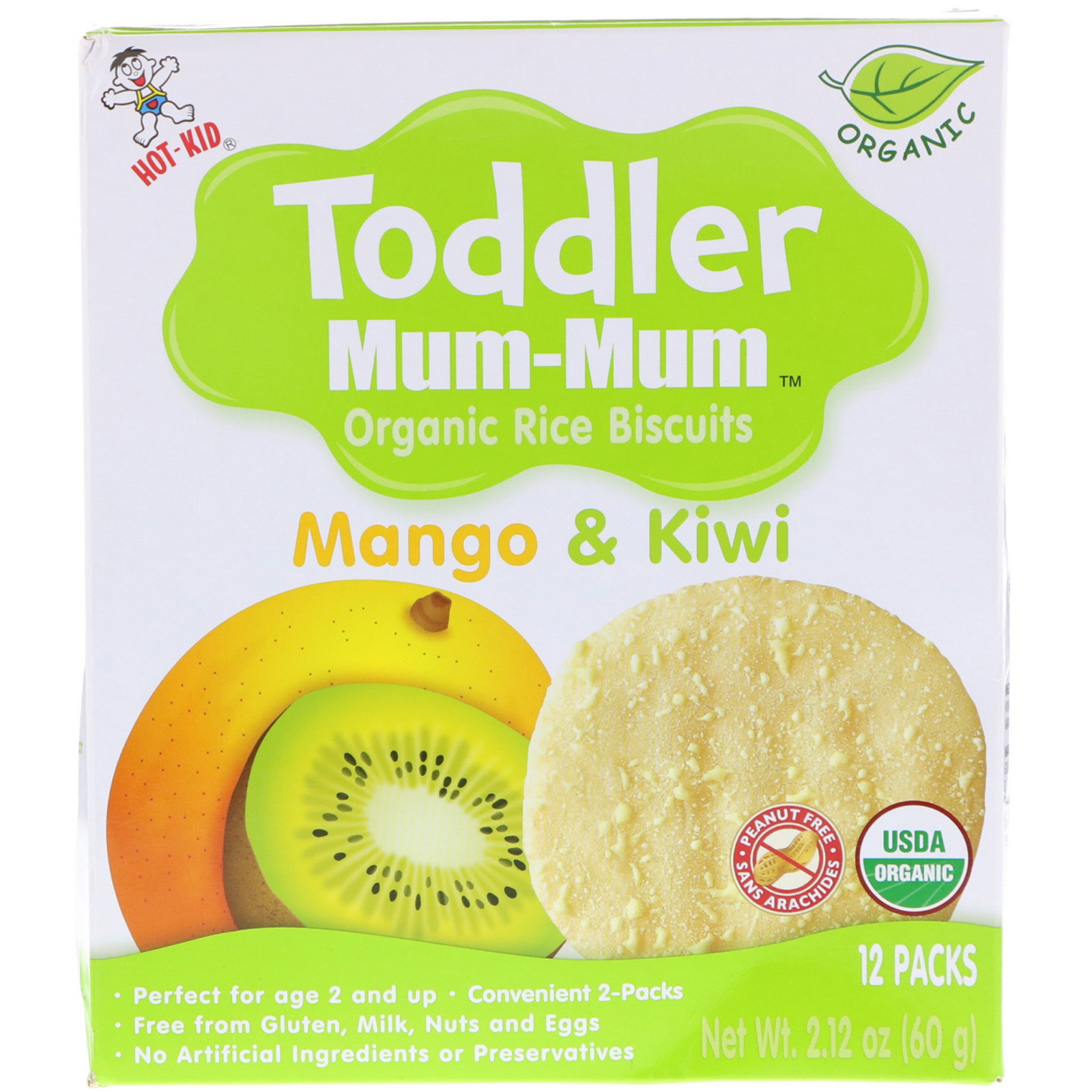 Hot Kid, Toddler Mum-Mum, Biscoitos de Arroz Orgânico, Manga e Kiwi, 12 Pacotes, 60 g (2,12 oz)