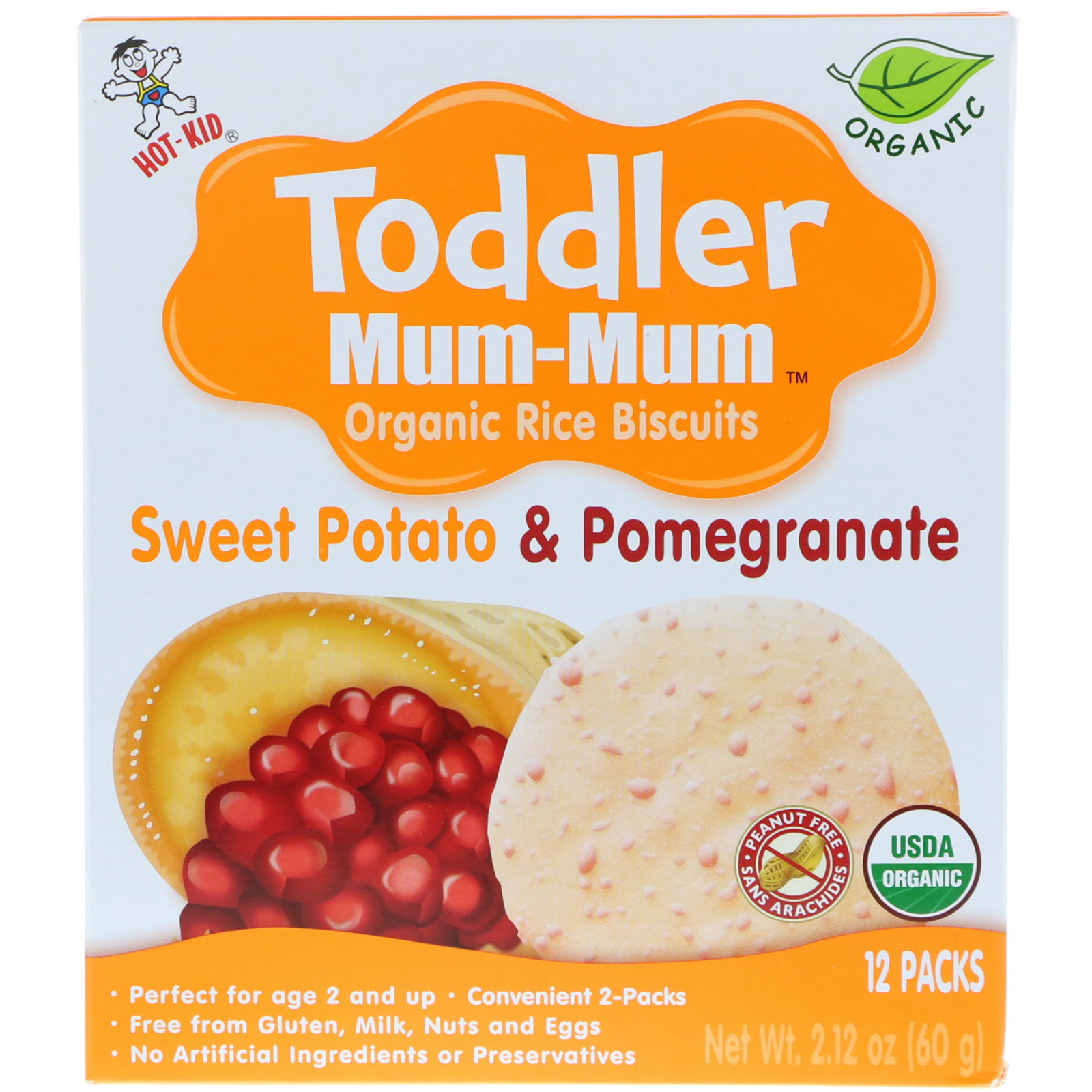 Hot Kid, Mum-Mum de criança, biscoitos de arroz orgânico, batata doce e romã, 12 embalagens, 60 gramas