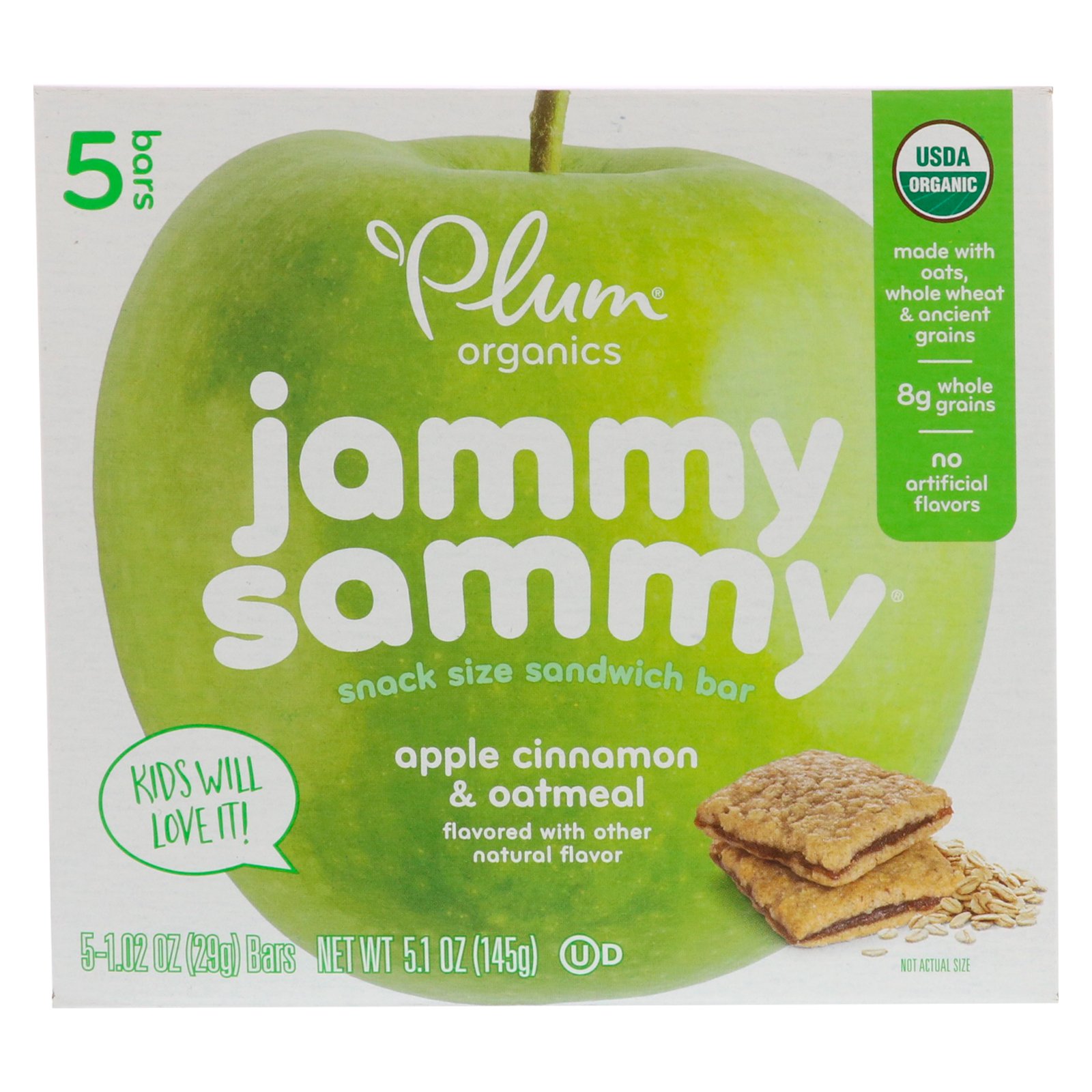 Plum Organics, Jammy Sammy, Maçã, Canela e Aveia, 5 Barras, 1,02 oz (29 g) Cada