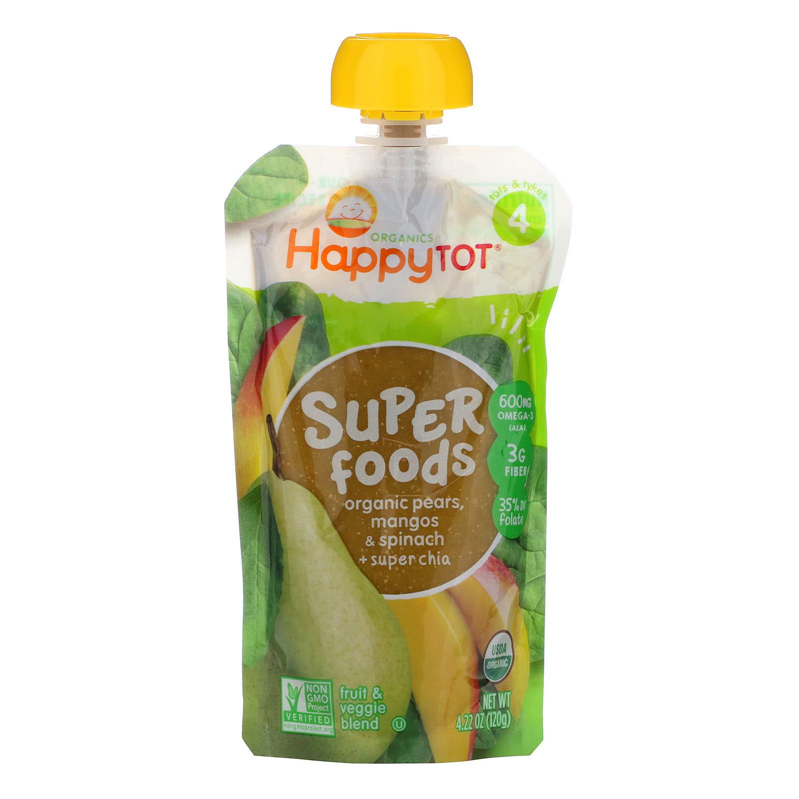 Happy Family Organics, Happytot, SuperFoods, Organic Pears, Mangos & Spinach + Super Chia, 4.22 oz (120 g)