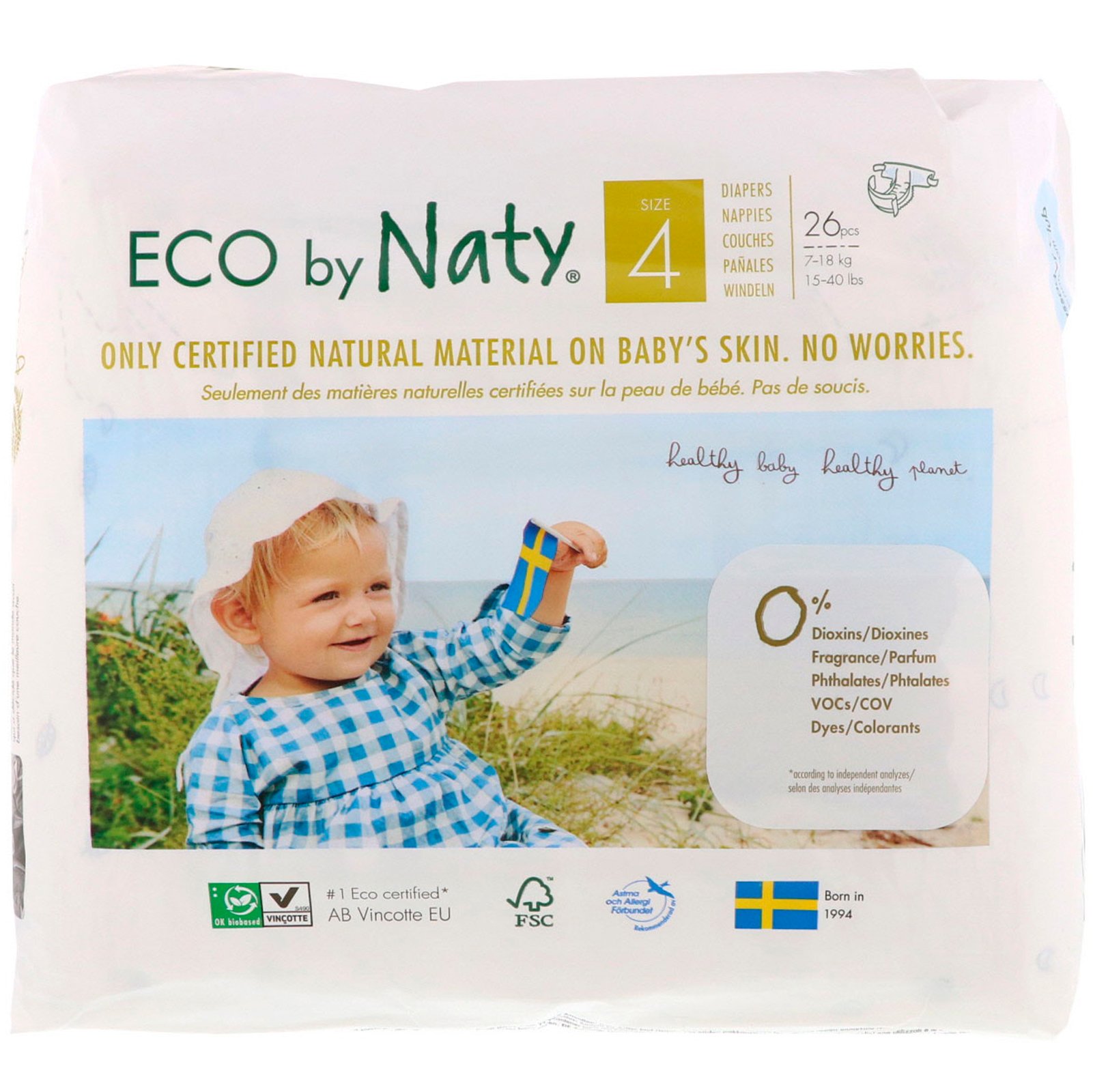 Naty, Fraldas para Pele Sensível, Tamanho 4, 15-40 lbs (7-18 kg), 26 Fraldas - Imagem 2