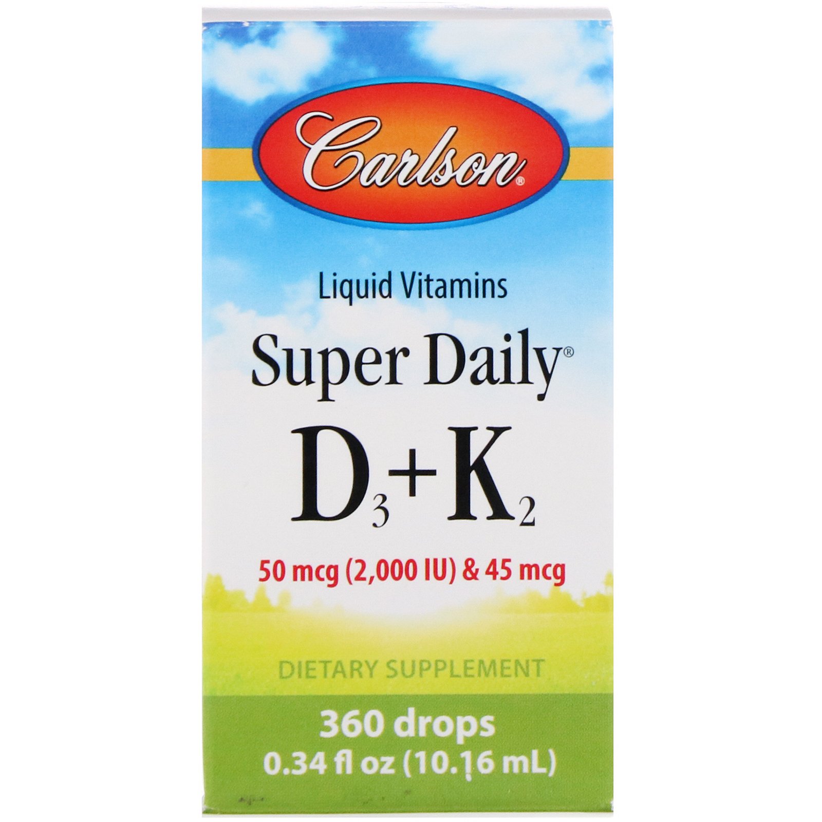 Carlson Labs, Vitaminas Líquidas, Super D3+K2 Diário, 50 mcg, 0,34 fl oz (10,16 ml)
