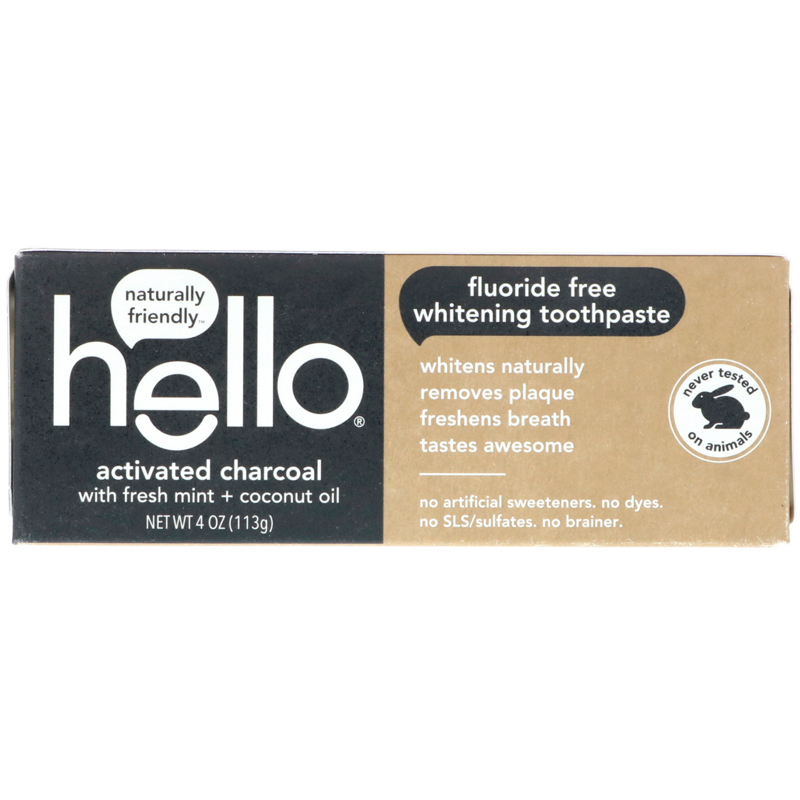 Hello, Fluoride Free Whitening Toothpaste, Activated Charcoal with Fresh Mint + Coconut Oil, 4 oz (113 g)