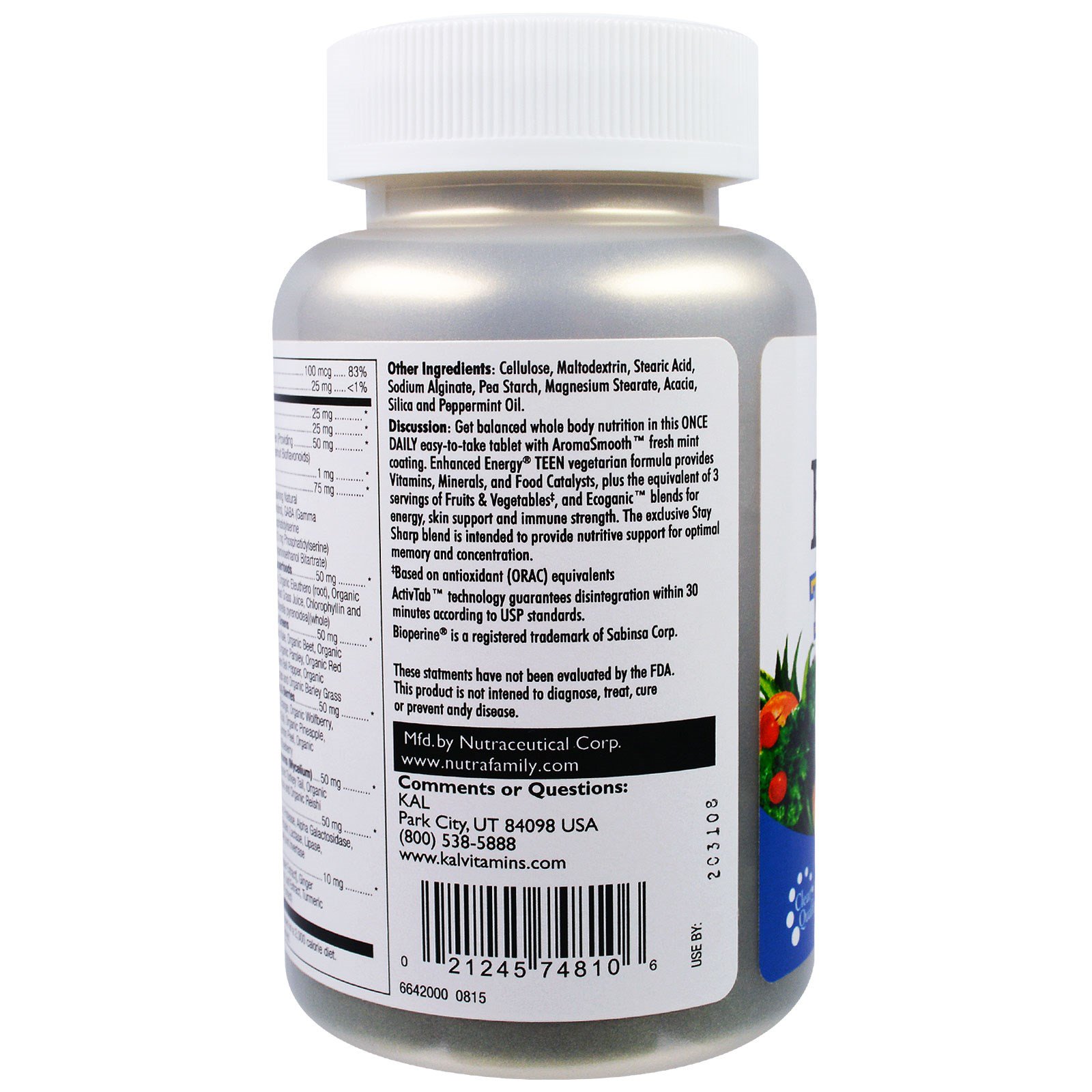 KAL, Enhanced Energy, Teen, Memory & Concentration Blend, 60 Vegetarian Tablets - Imagem 4