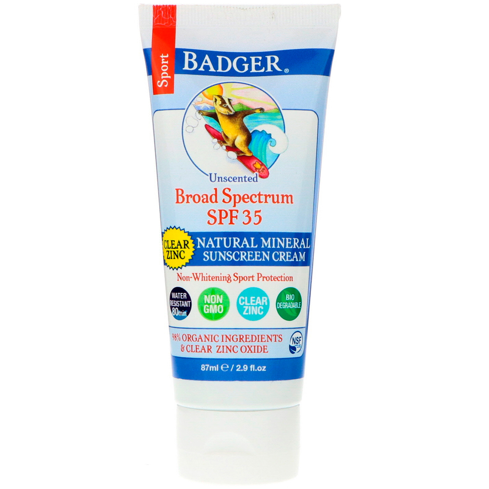 Badger Company, Sport, Protetor Solar Mineral Natural em Creme, Zinco Transparente, FPS 35, Sem Aroma, 87 ml (2,9 fl oz)
