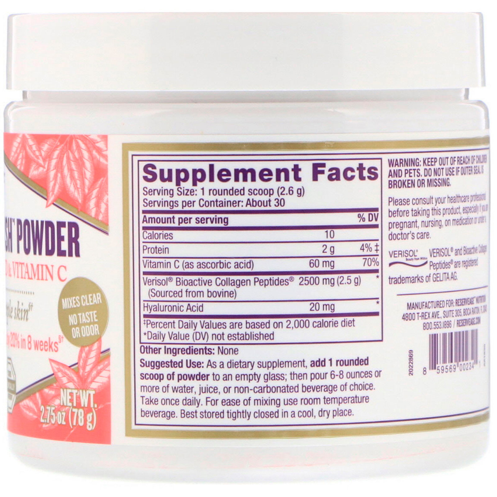 ReserveAge Nutrition, Colágeno em Pó com Ácido Hialurônico e Vitamina C, 78 g (2,75 oz) - Imagem 2