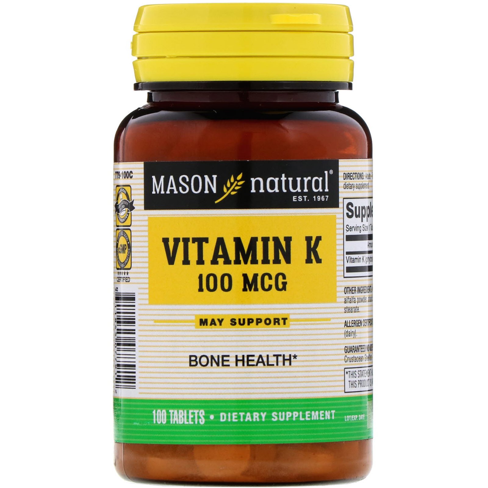 Mason Natural, Vitamina K, 100 mcg, 100 Comprimidos