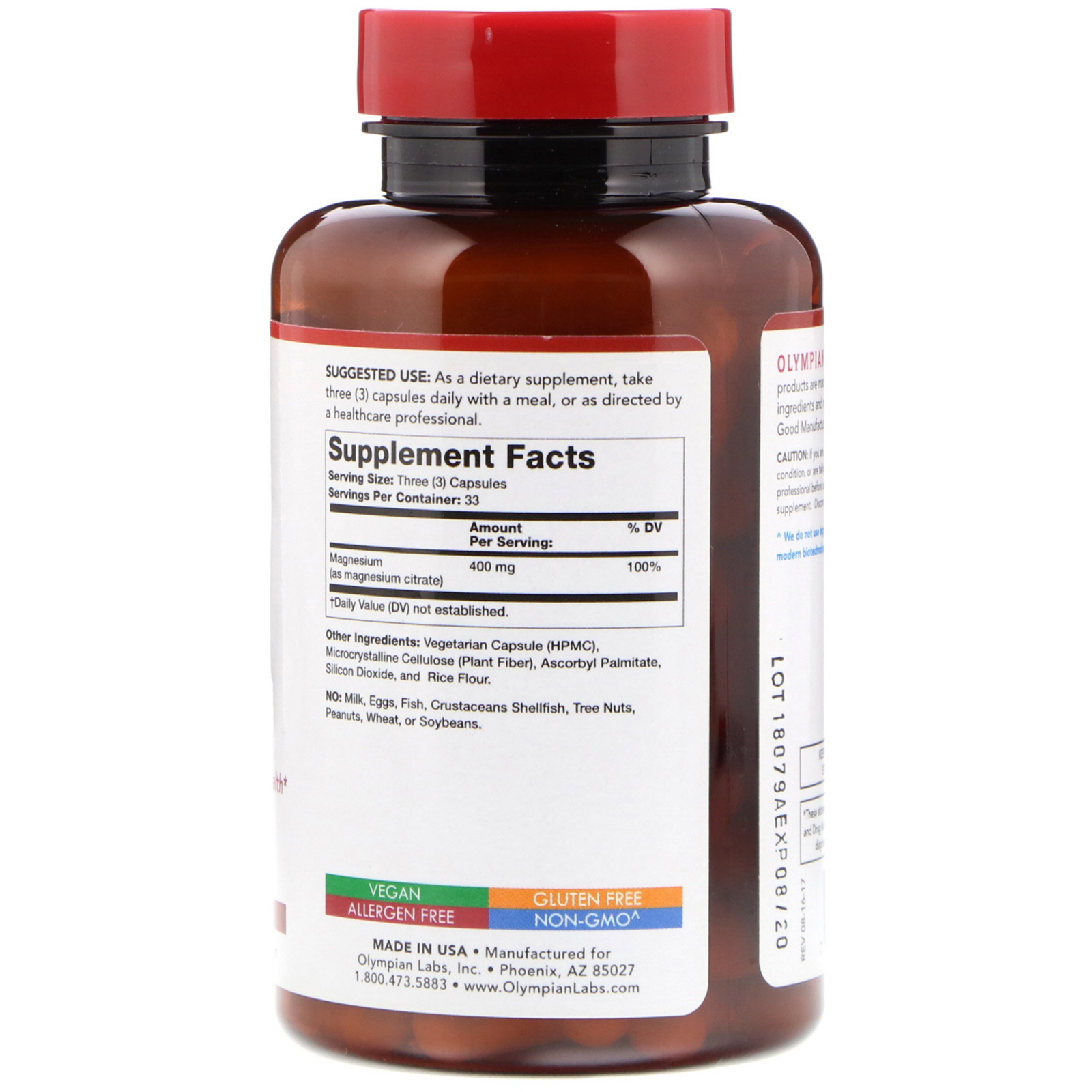 Olympian Labs, Citrato de Magnésio, 400 mg, 100 Cápsulas Vegetarianas - Imagem 2