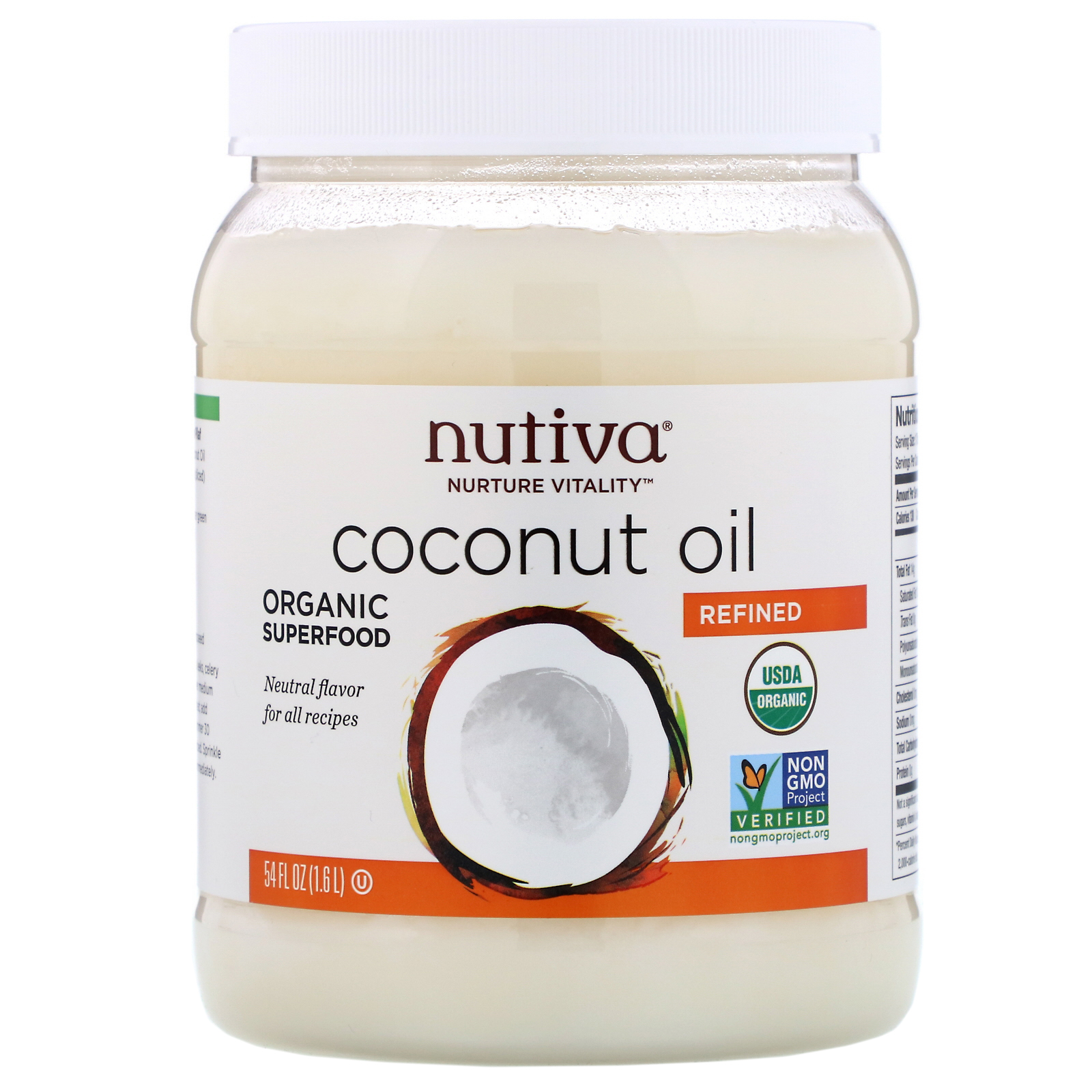 Nutiva, Óleo de Coco Orgânico, Refinado, 1,6 l (54 fl oz)