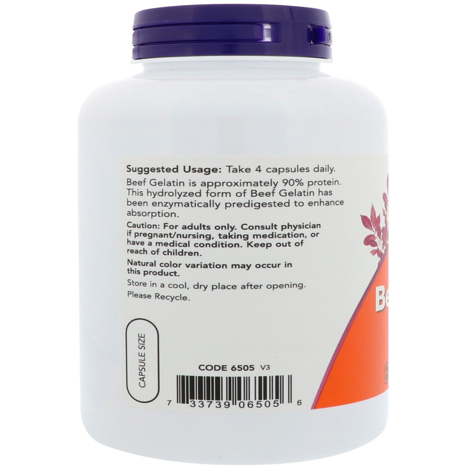 Now Foods, Gelatina de Bife, 550 mg, 200 Cápsulas - Imagem 3
