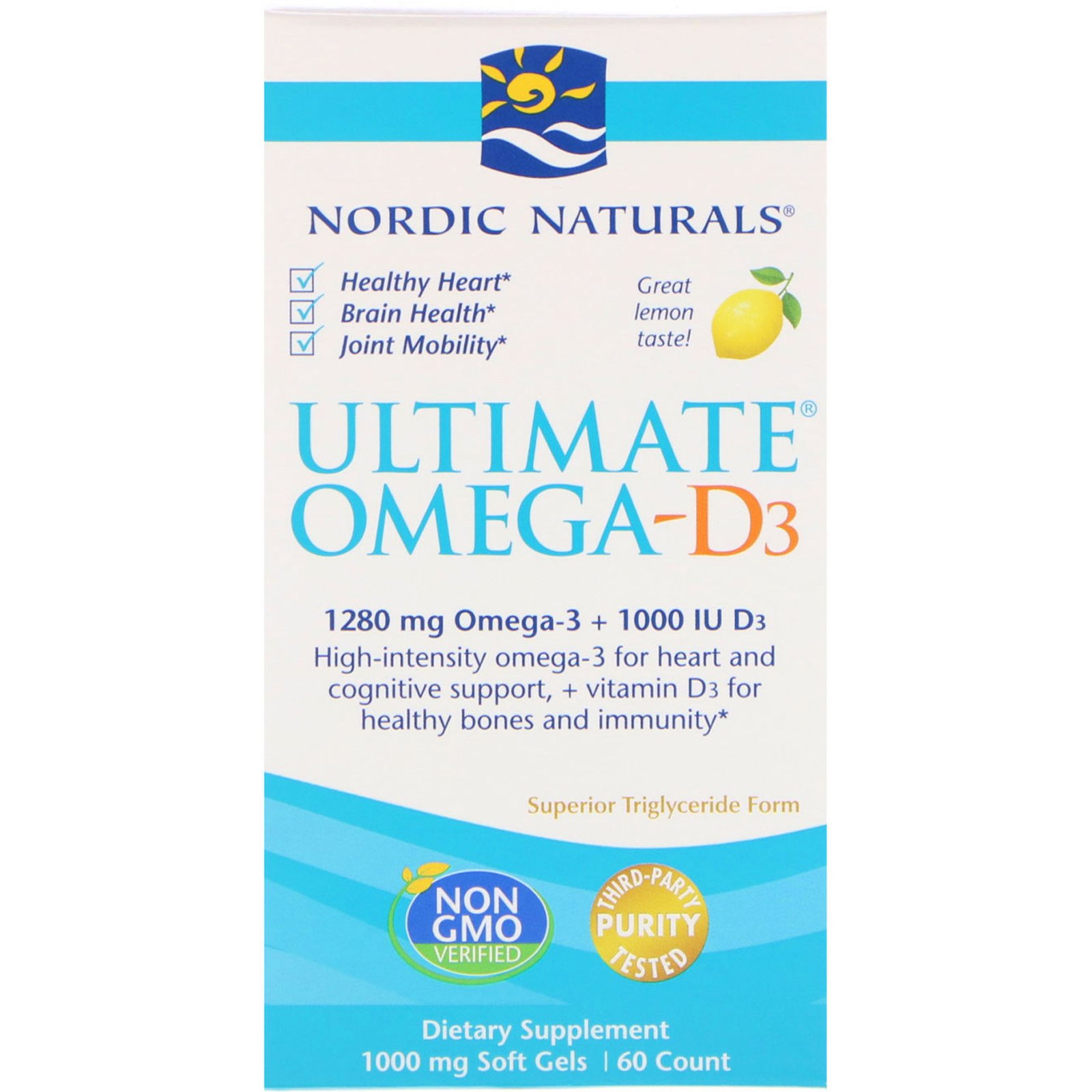 Nordic Naturals, Ultimate Omega-D3, Limão, 1000 mg, 60 Cápsulas Softgel