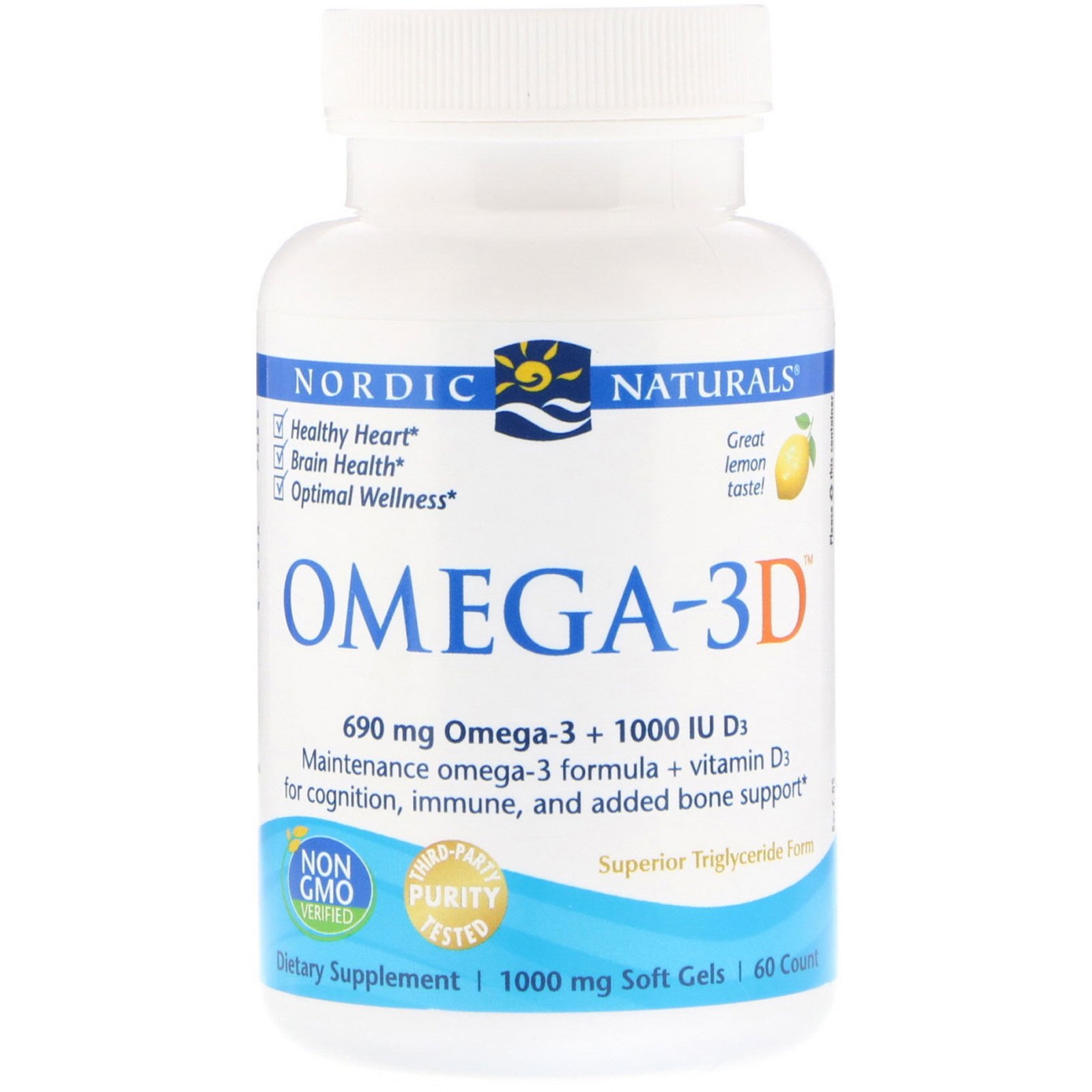 Nordic Naturals, Ômega-3D, Limão, 1000 mg, 60 Cápsulas Gelatinosas - Imagem 3