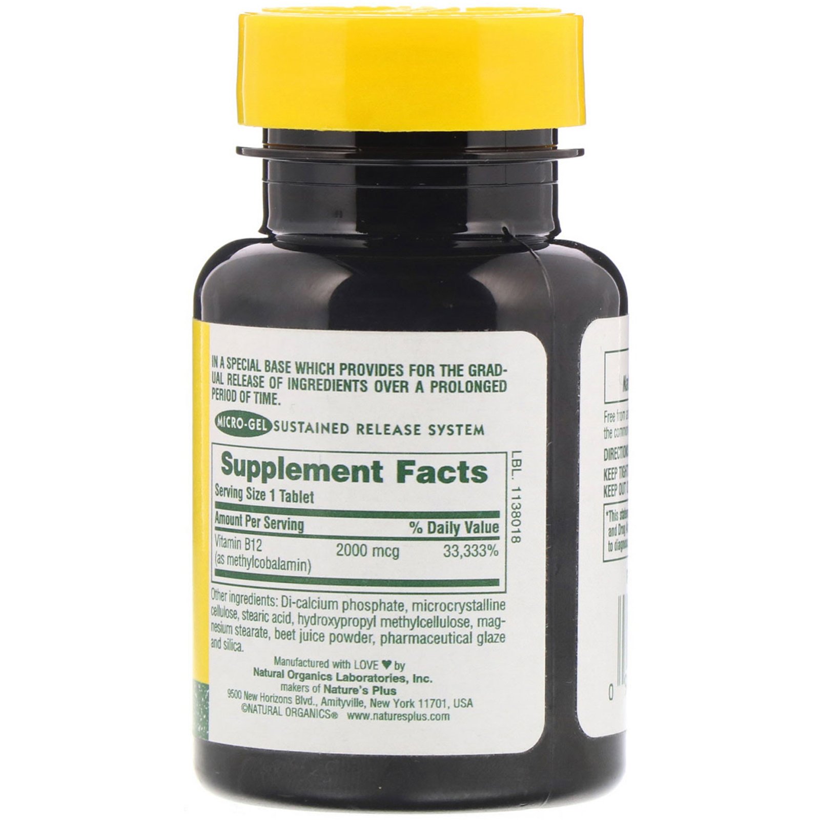 Nature's Plus, Vitamina B-12, 2.000 mcg, 60 comprimidos - Imagem 2
