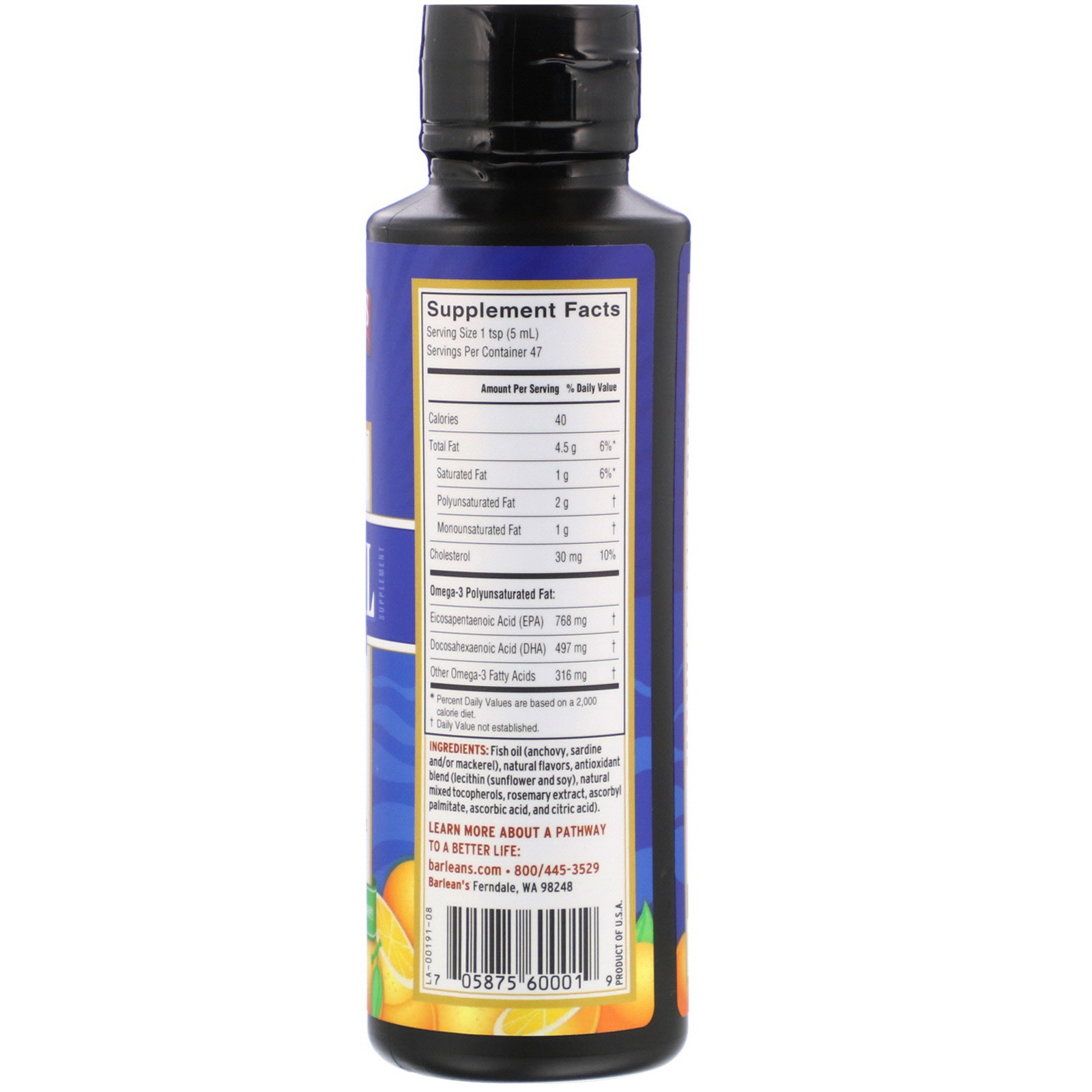 Barlean's, Óleo de Peixe Fresco, Ômega 3 e EPA/DHA, Sabor Laranja, 8 fl oz (236 ml) - Imagem 2