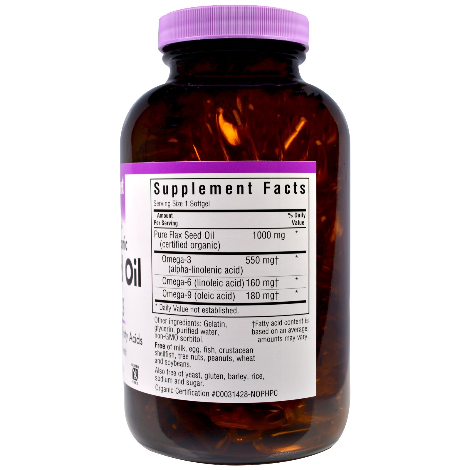 Bluebonnet Nutrition, Organic Flax Seed Oil, 1,000 mg, 250 Softgels - Imagem 2