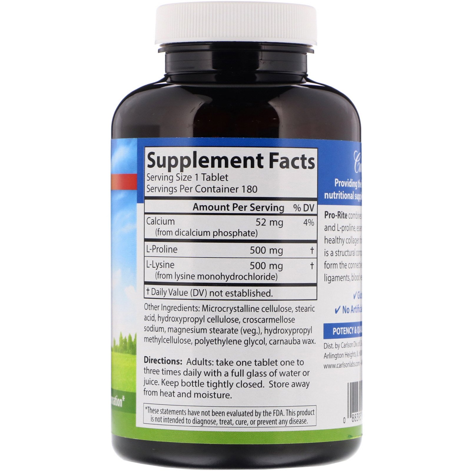 Carlson Labs, Pro-Rite, Free-Form L-Proline & L-Lysine, 180 Tablets - Imagem 2