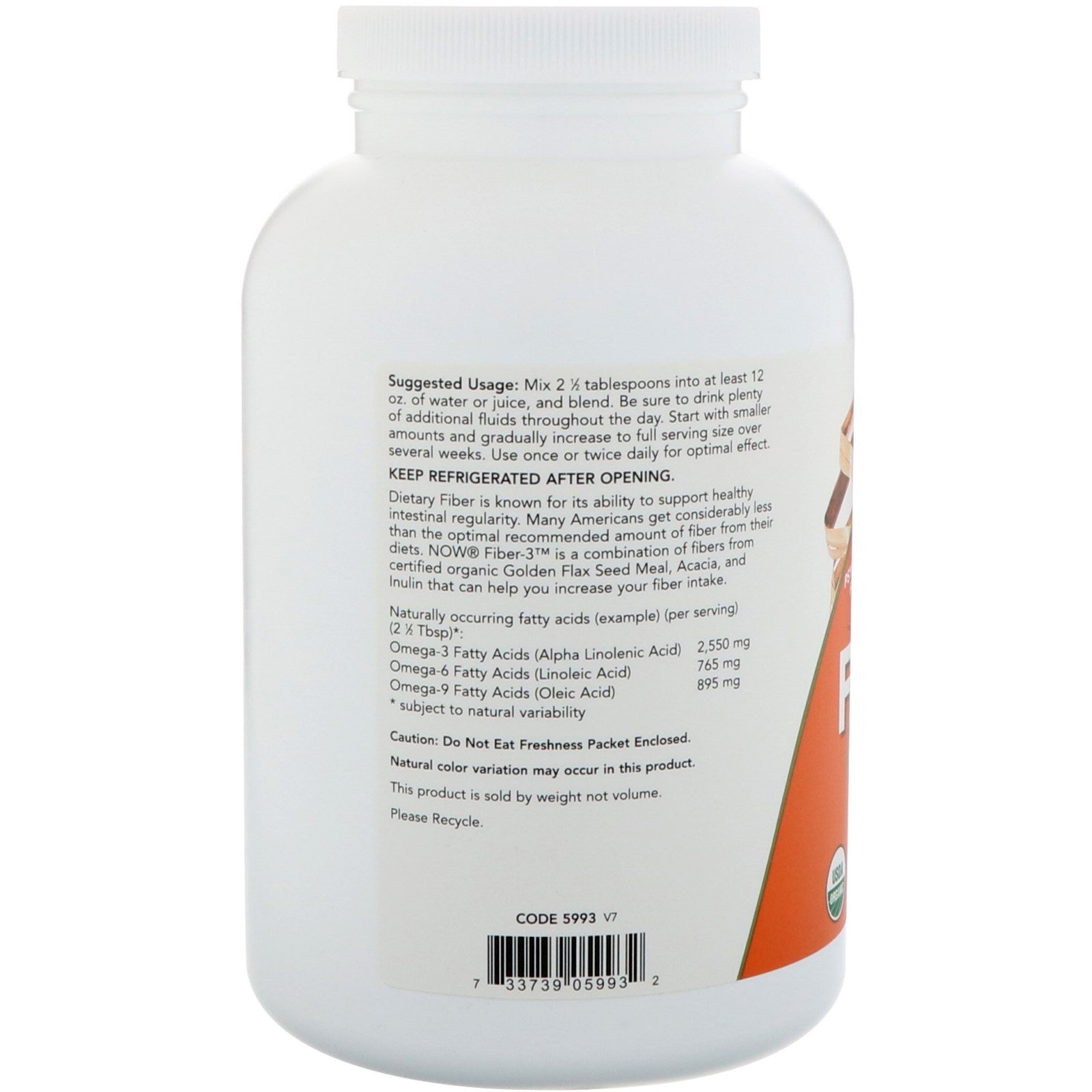 Now Foods, Orgânico, Fibra-3, Em pó, 454 g - Imagem 3