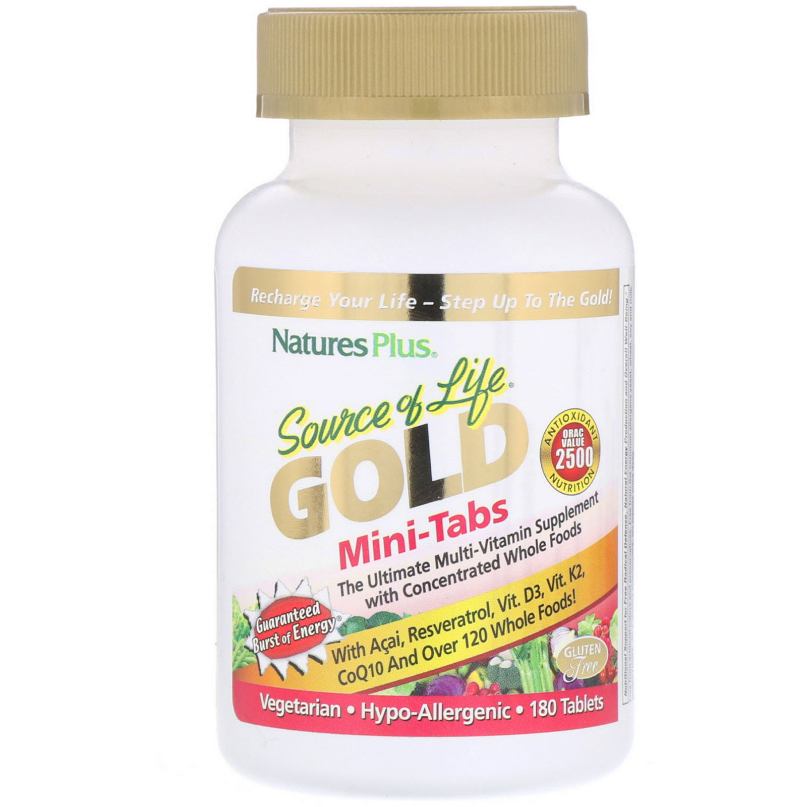 Nature's Plus, Source of Life, Gold, Mini-comprimidos. O Melhor Suplemento Multivitamínico com Alimentos Integrais Concentrados, 180 Comprimidos