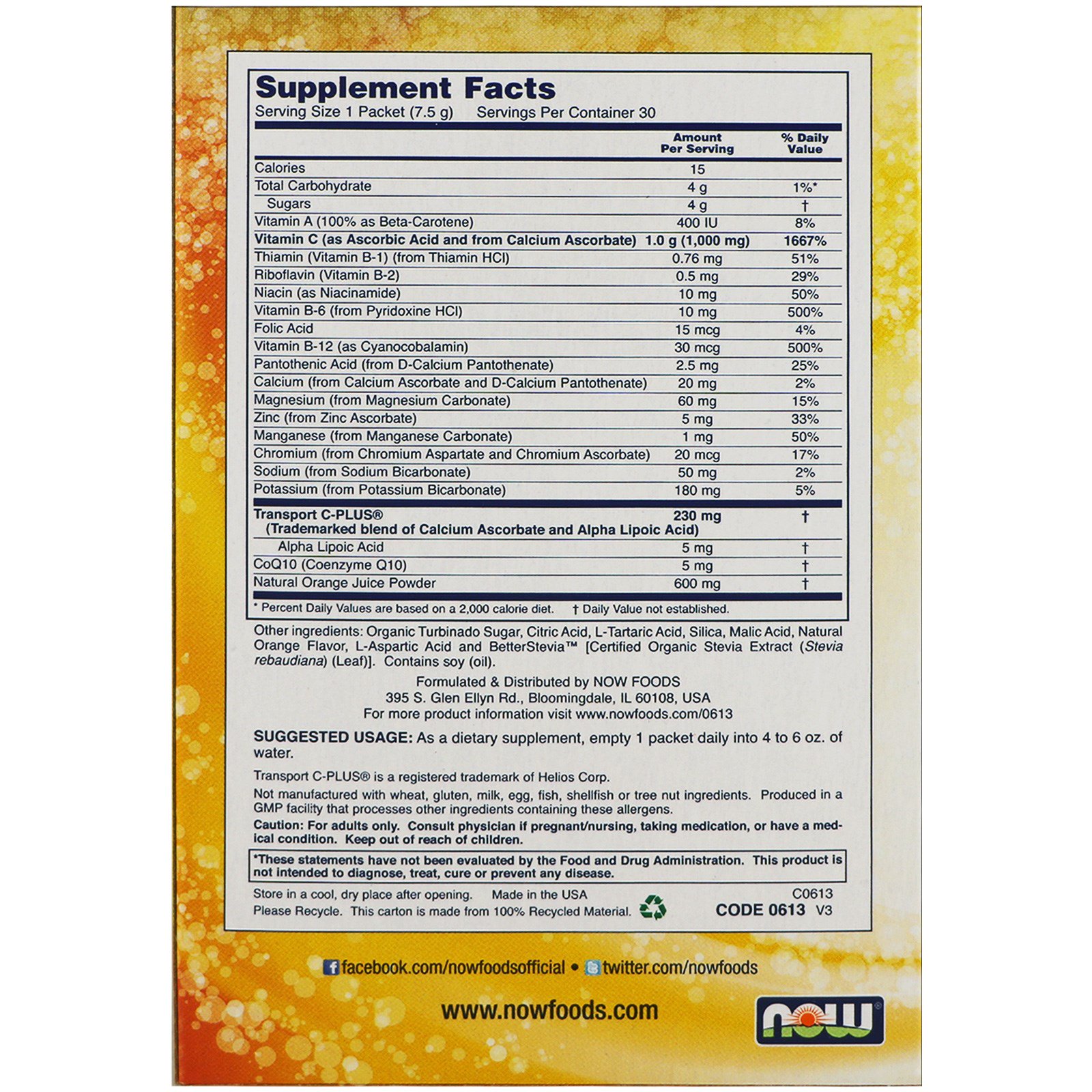 Now Foods, Effer-C, Effervescent Drink Mix, Orange, 30 Packets, 7.5 g Each - Imagem 2
