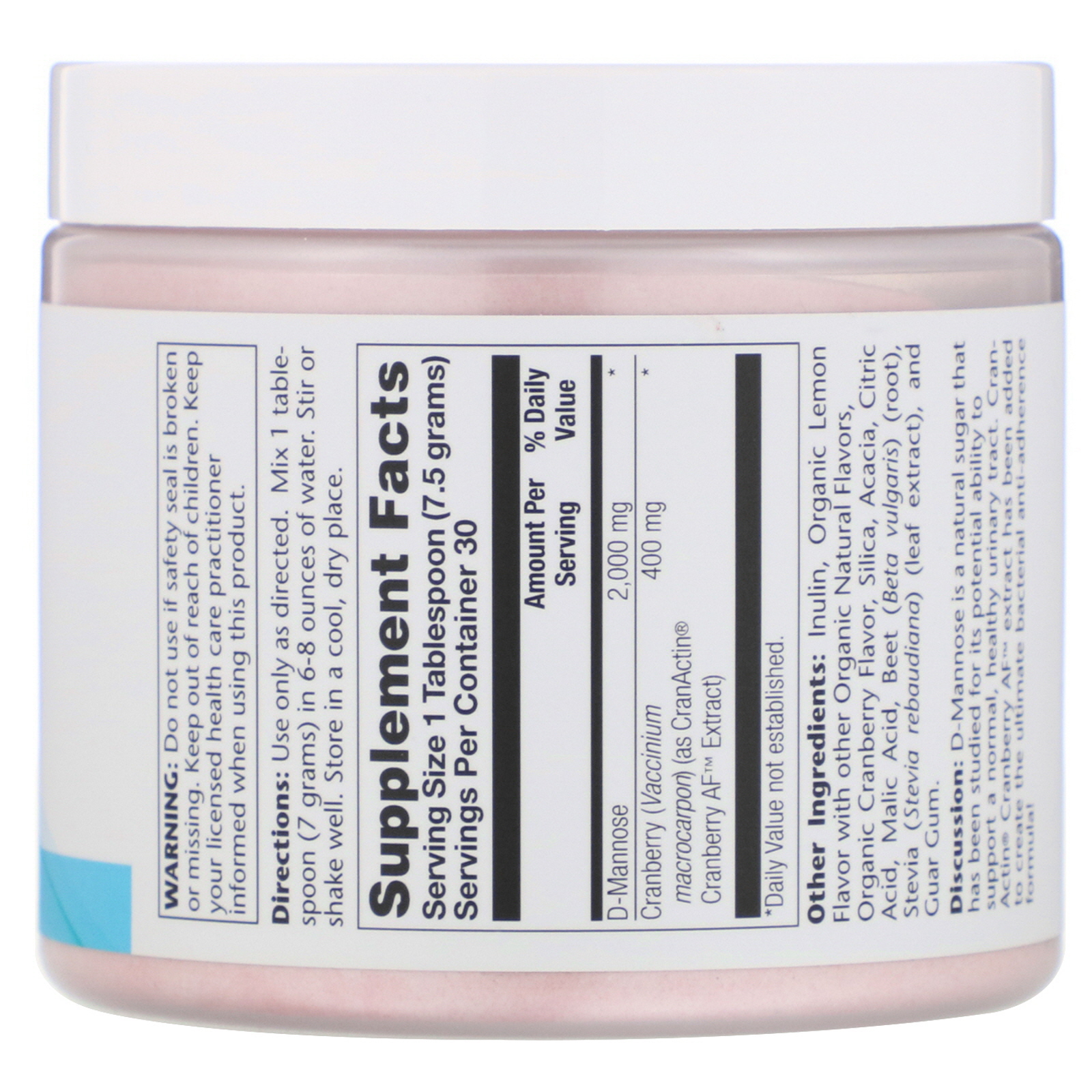 Solaray, D-Mannose with CranActin Powder, 2,000 mg, 8 oz (226 g) - Imagem 2