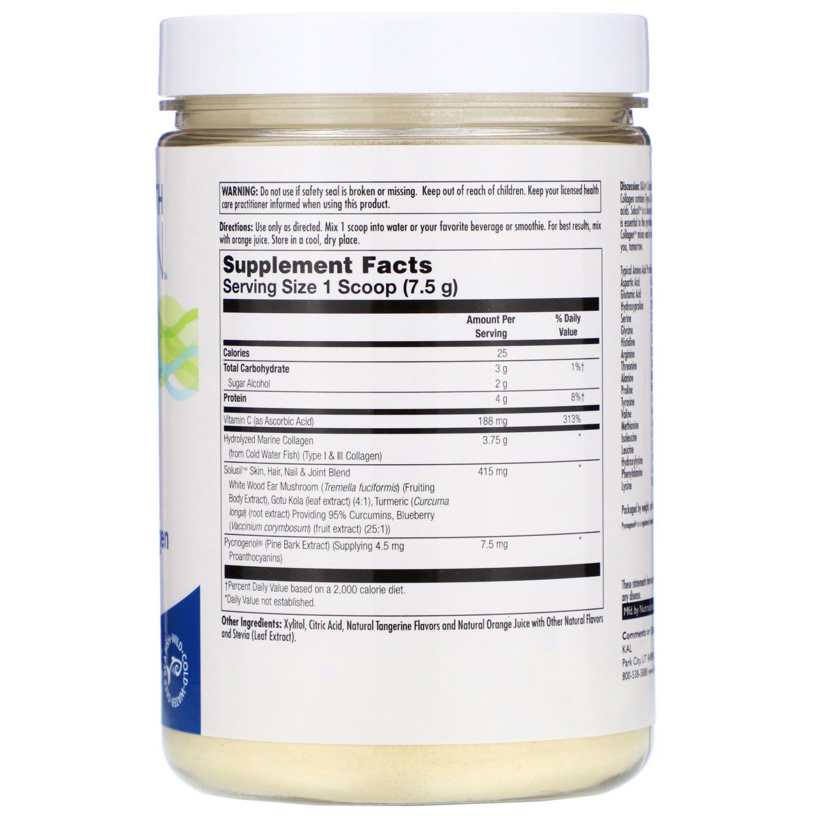 KAL, Hydrolyzed Marine Collagen, Tangerine, 3,750 mg, 10.5 oz (298 g) - Imagem 2
