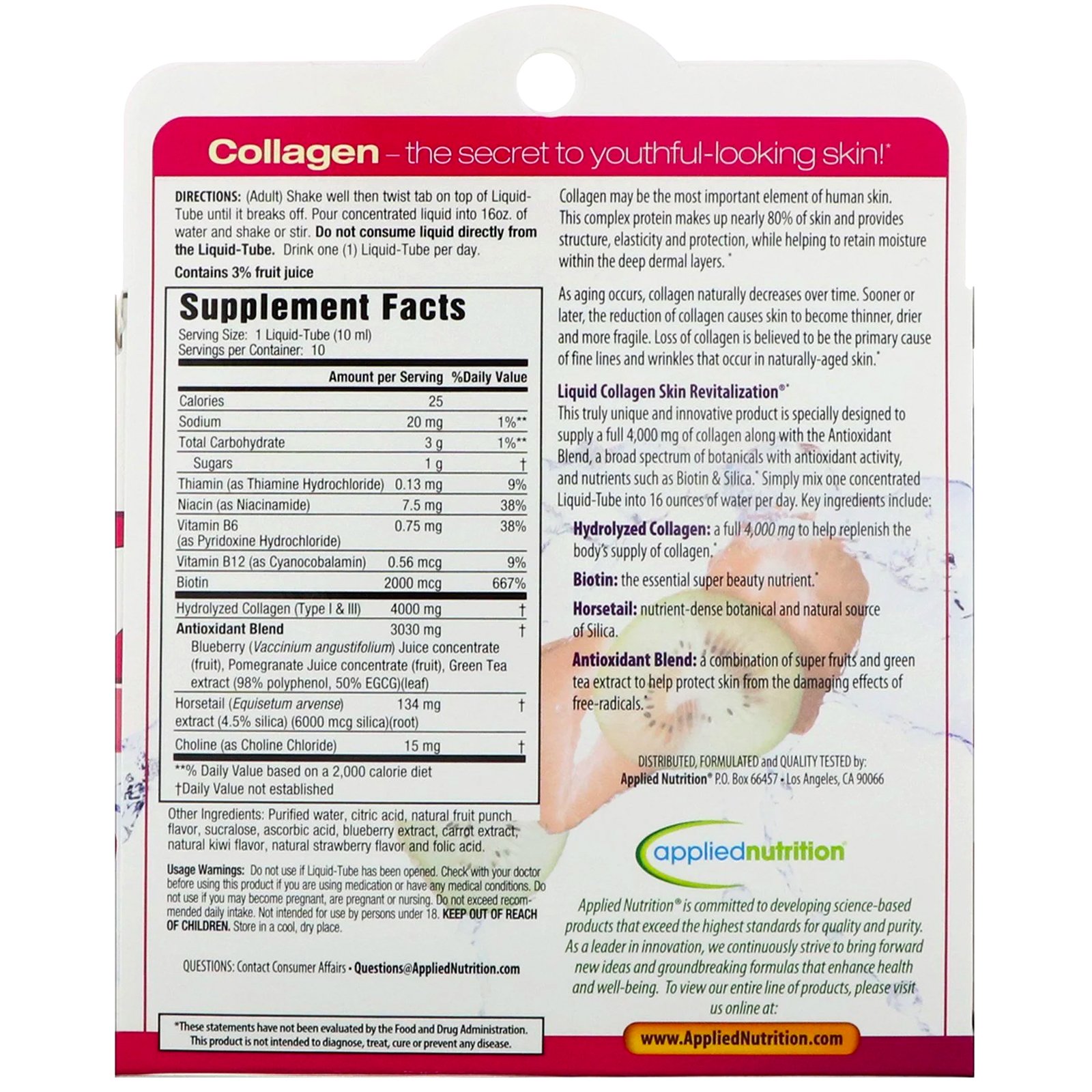 appliednutrition, Colágeno Líquido, Revitalização da Pele, Sabor Tropical de Morango e Kiwi, 10 Flaconetes, 10 ml Cada - Imagem 2