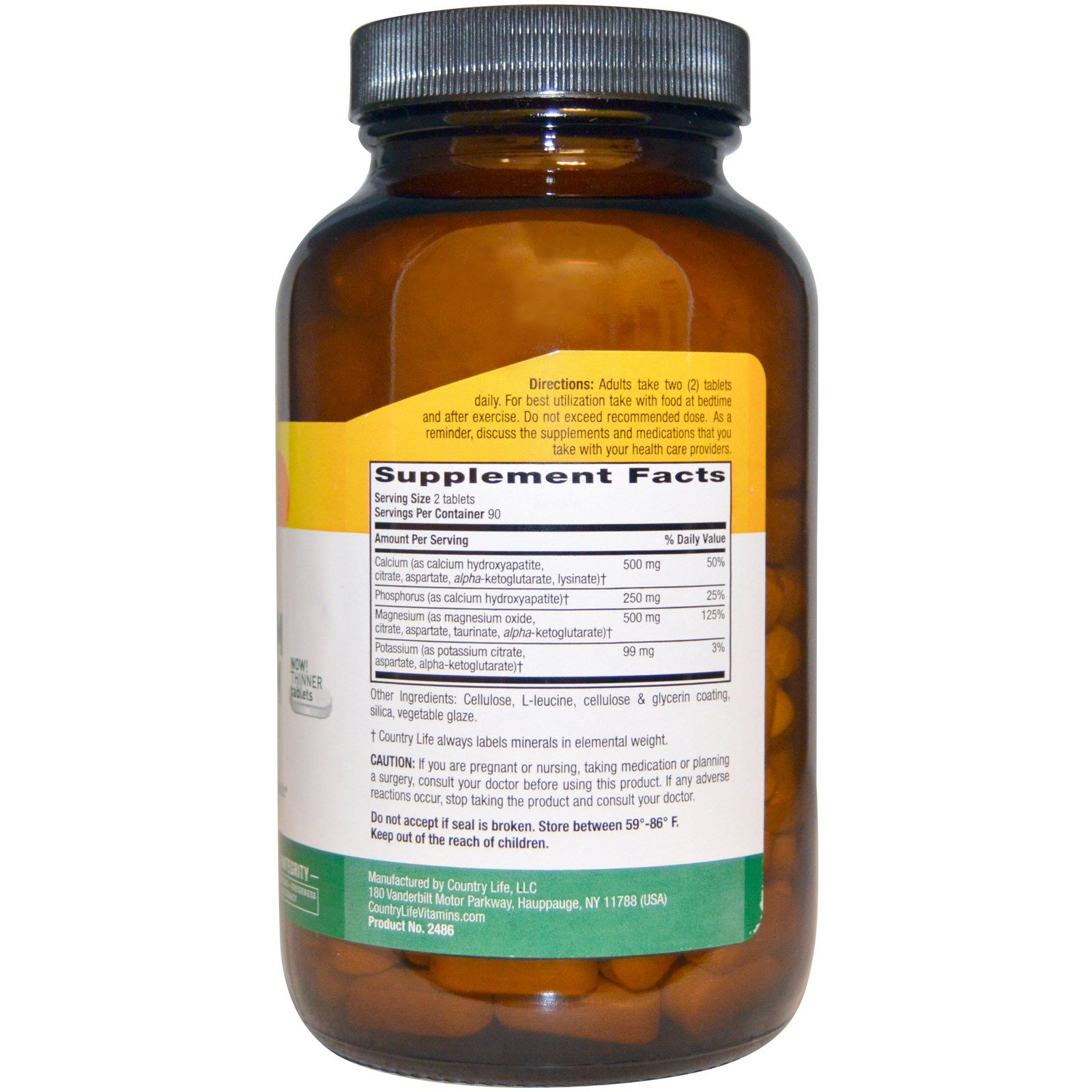 Country Life, Cálcio, Magnésio e Potássio, 500 mg: 500 mg: 99 mg, 180 Comprimidos - Imagem 2