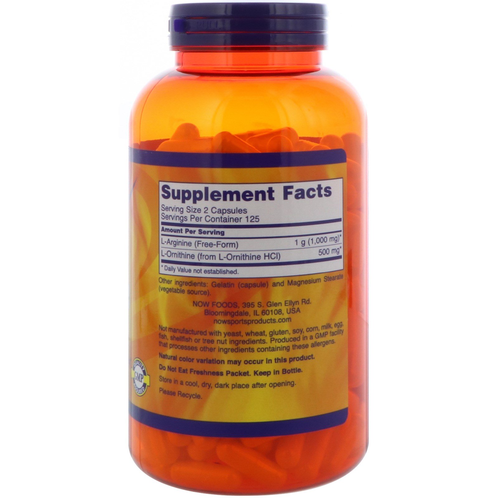 Now Foods, Sports, Arginine & Ornithine, 500/250, 250 Cápsulas - Imagem 2