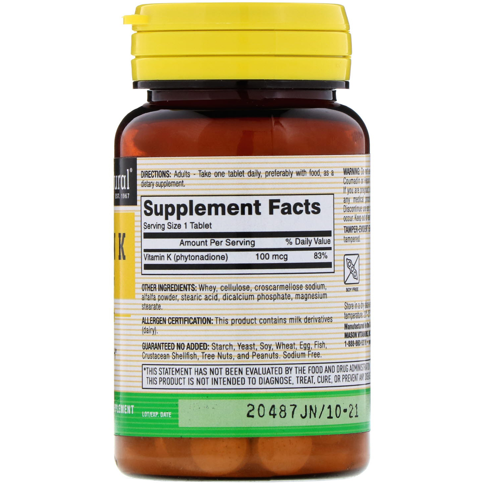 Mason Natural, Vitamina K, 100 mcg, 100 Comprimidos - Imagem 2