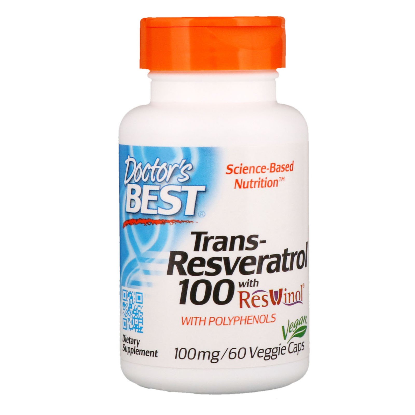 Doctor's Best, Trans-Resveratrol com Resvinol, 100 mg, 60 Cápsulas Vegetais