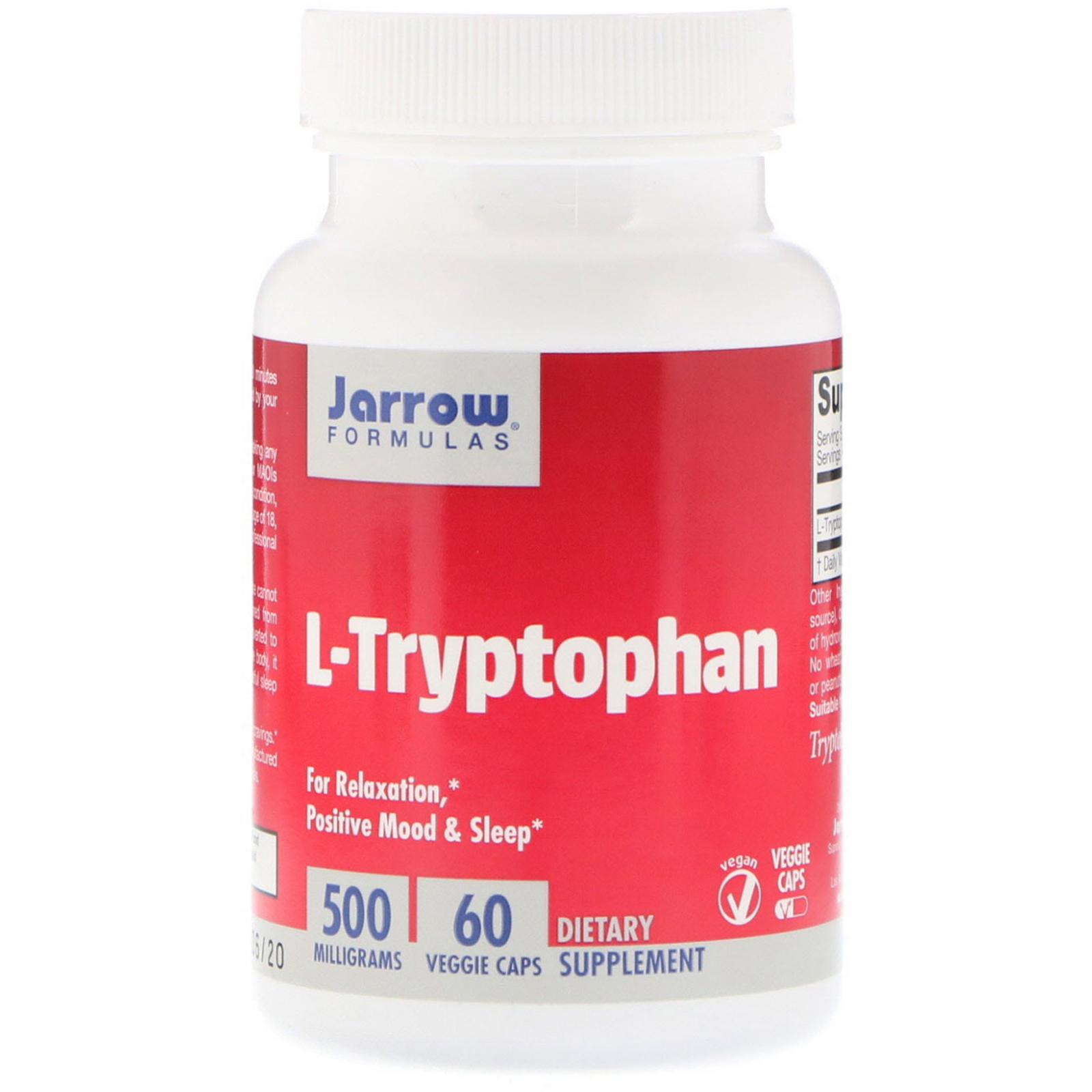 Jarrow Formulas, L-triptofano, 500 mg, 60 Cápsulas Vegetais