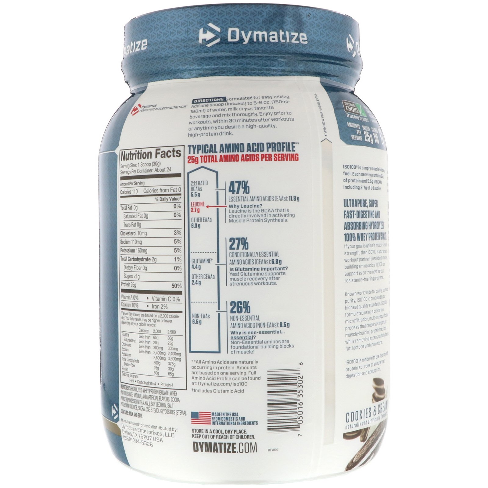 Dymatize Nutrition, ISO 100 Hidrolisado, Isolado de Proteína Whey 100%, Cookies & Cream, 725 g (1,6 lbs) - Imagem 2