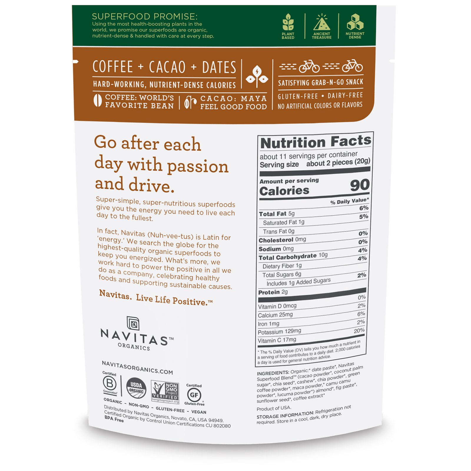Navitas Organics, Petiscos Orgânicos Power, Cacau e Café, 227 g (8 oz) - Imagem 2