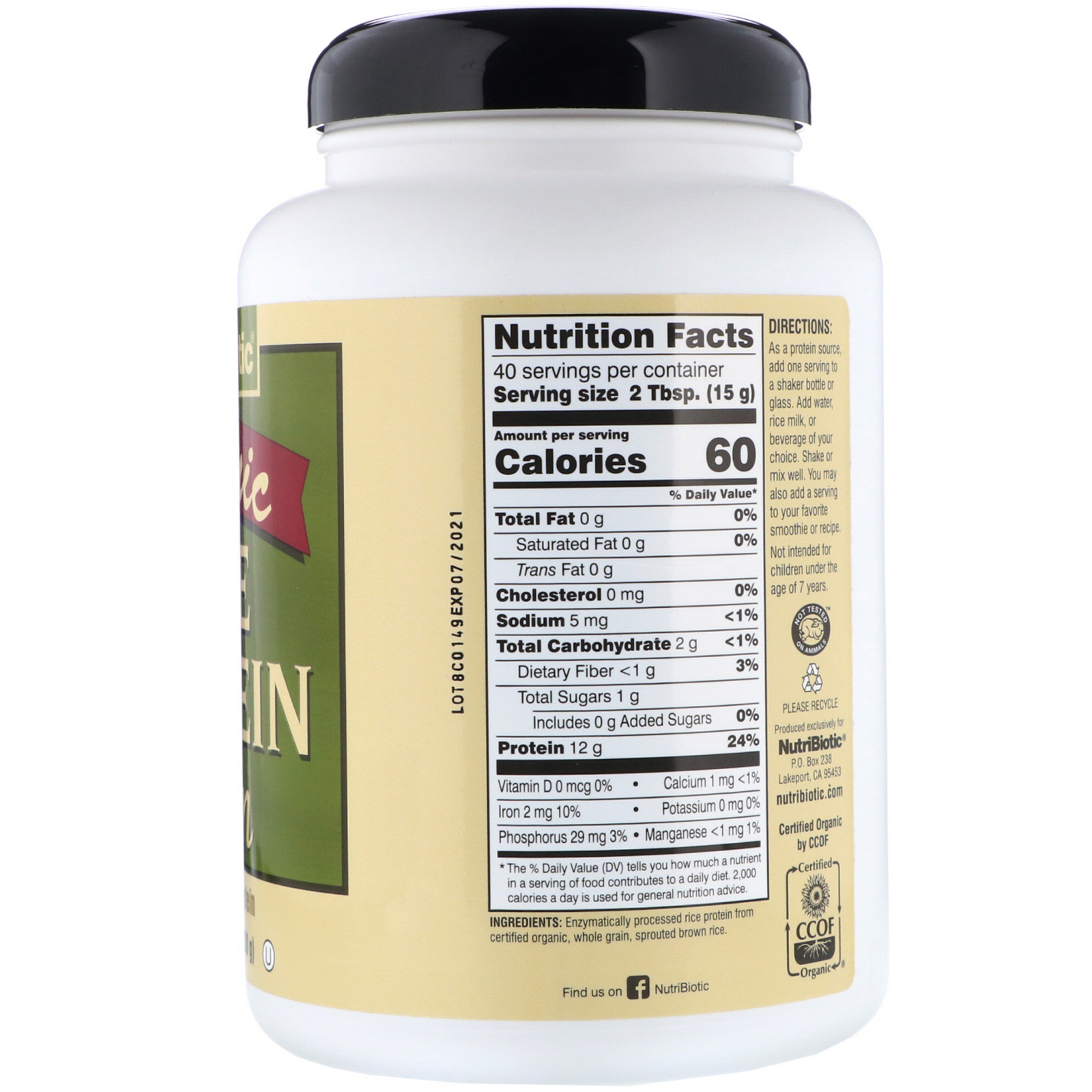 NutriBiotic, Proteína de Arroz Orgânica Pura, Sem Sabor, 1 lb 5 oz (600 g) - Imagem 2