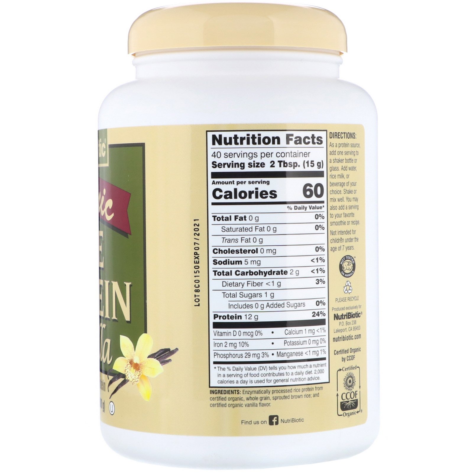 NutriBiotic, Proteína de Arroz Orgânica Pura, Baunilha, 1 lb 5 oz (600 g) - Imagem 2
